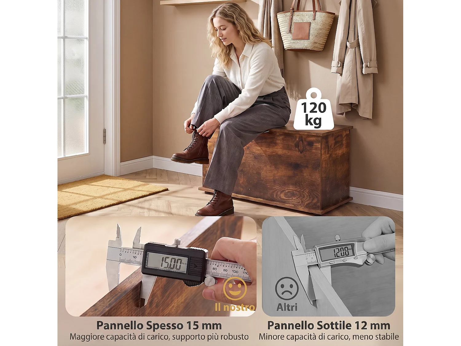 Cassapanca con coperchio di sicurezza, baule da 102l, marrone