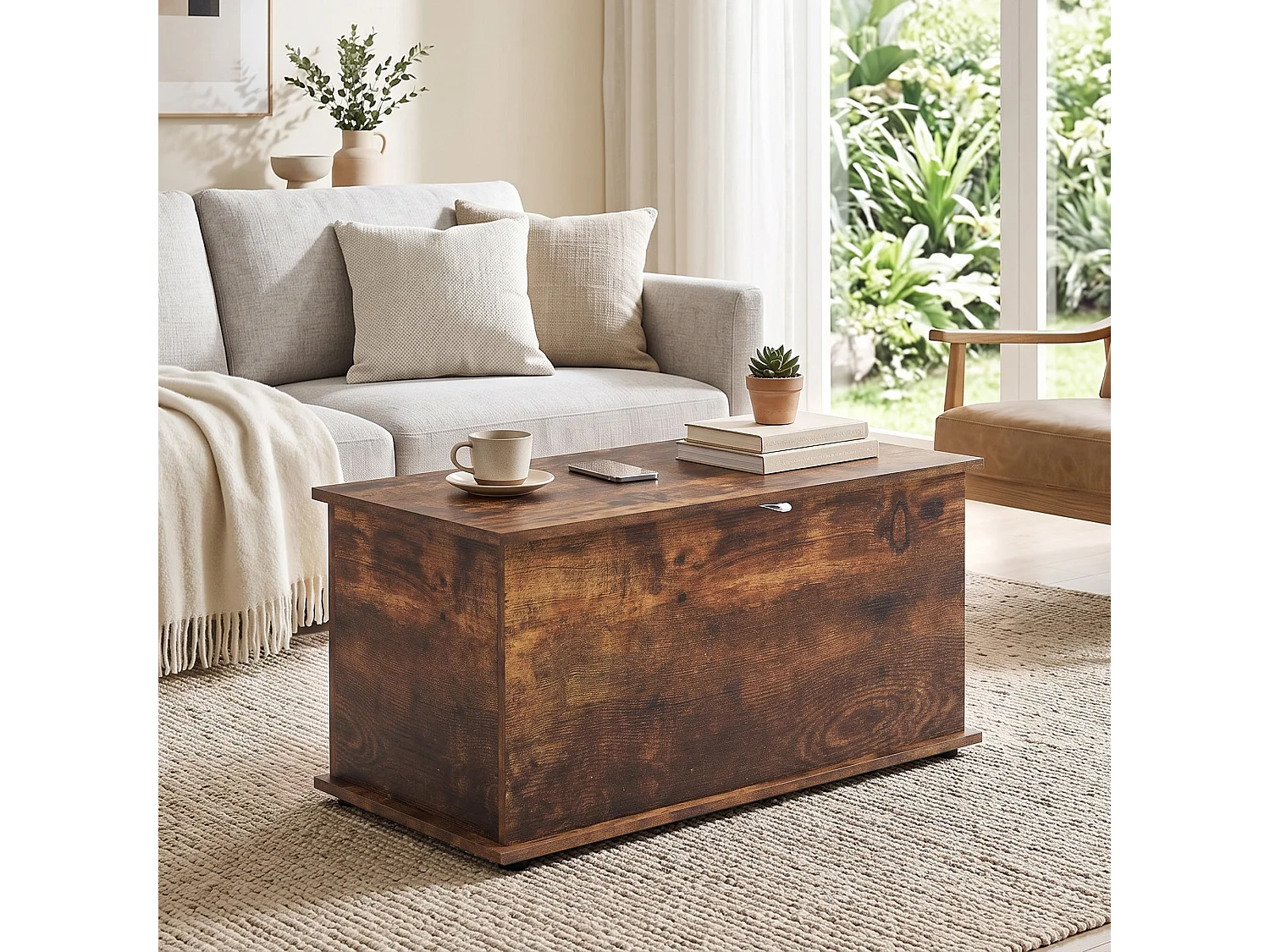 Cassapanca con coperchio di sicurezza, baule da 102l, marrone