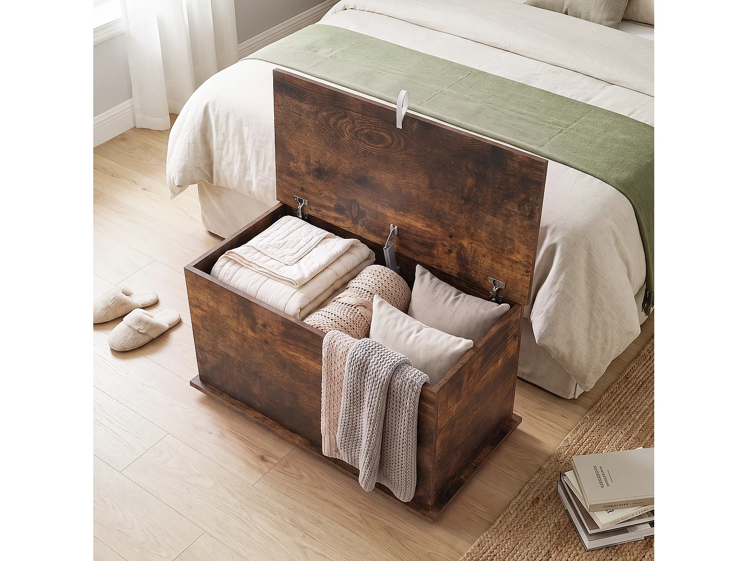 Cassapanca con coperchio di sicurezza, baule da 102l, marrone