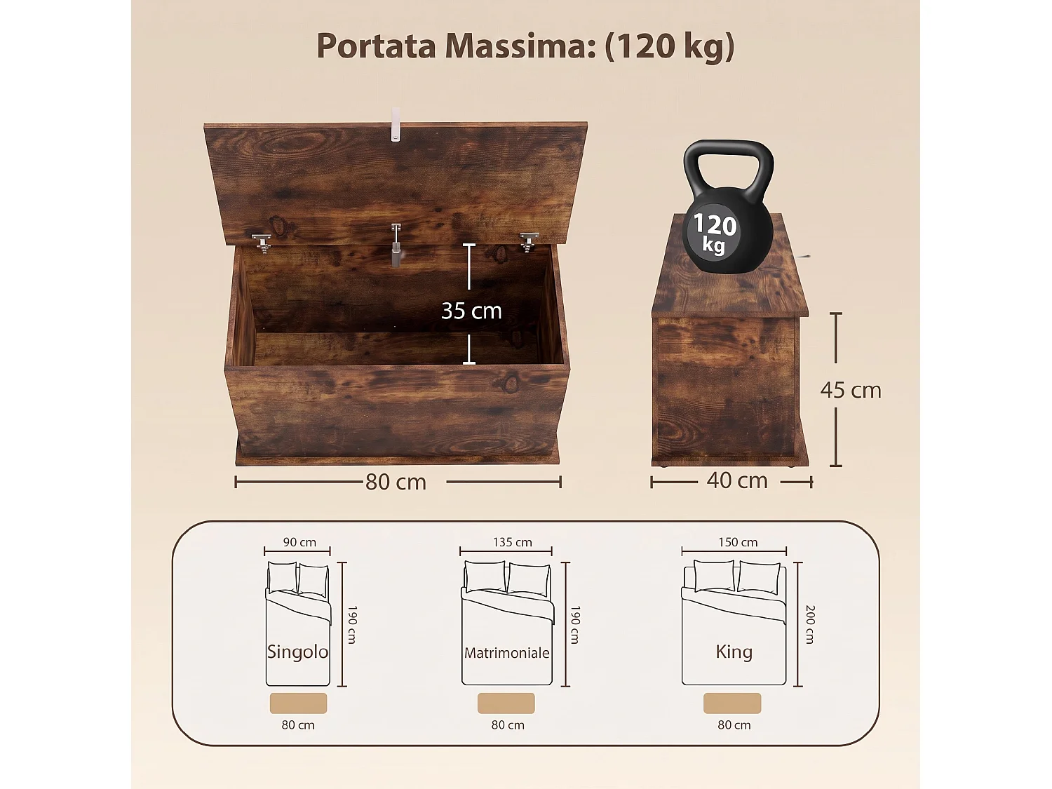 Cassapanca con coperchio di sicurezza, baule da 102l, marrone