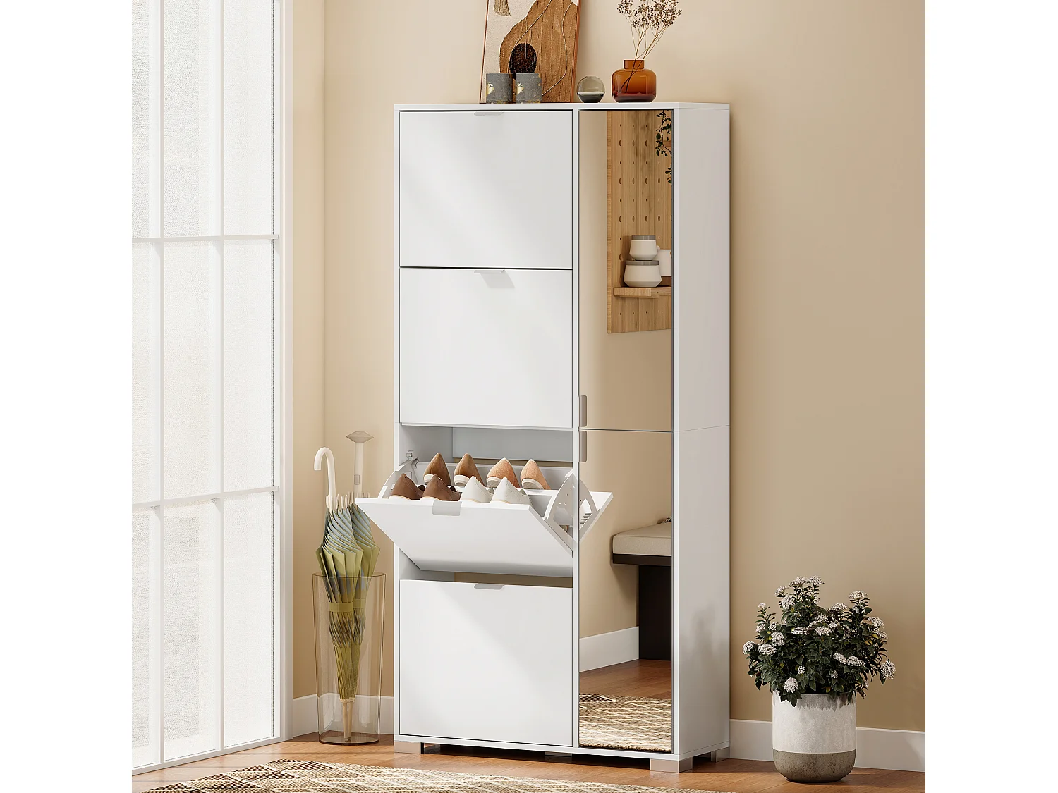Scarpiera con 4 cassetti ribaltabili in legno bianco