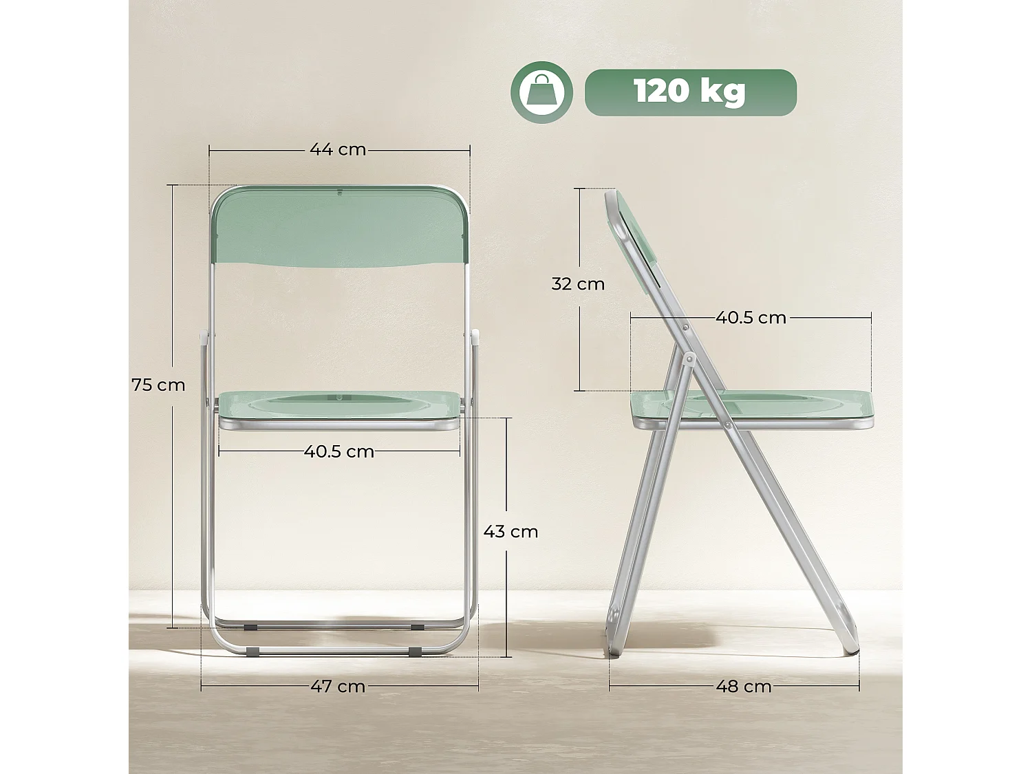 Set da 4 sedie pieghevoli in acrilico trasparenti, verde