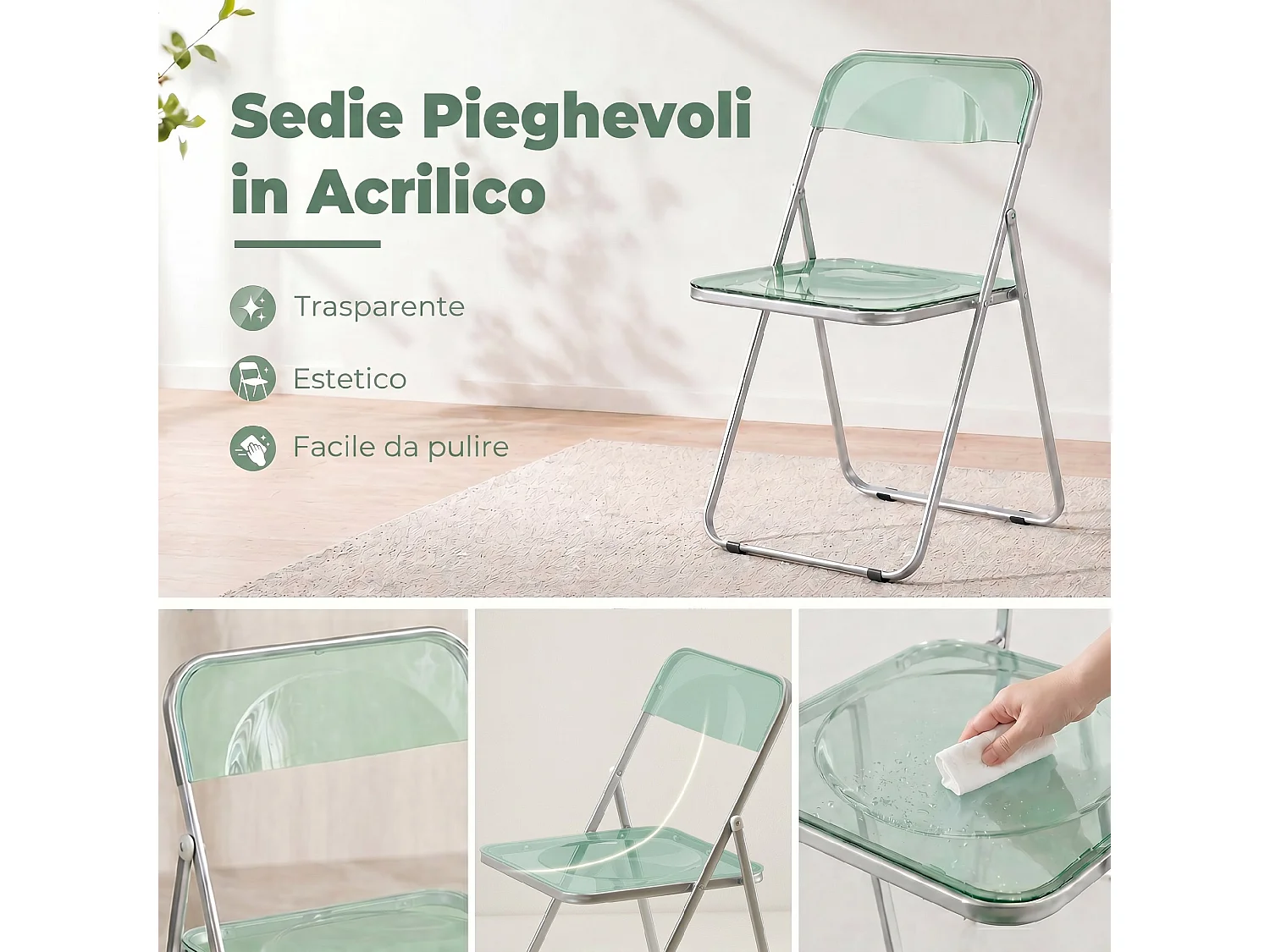 Set da 4 sedie pieghevoli in acrilico trasparenti, verde