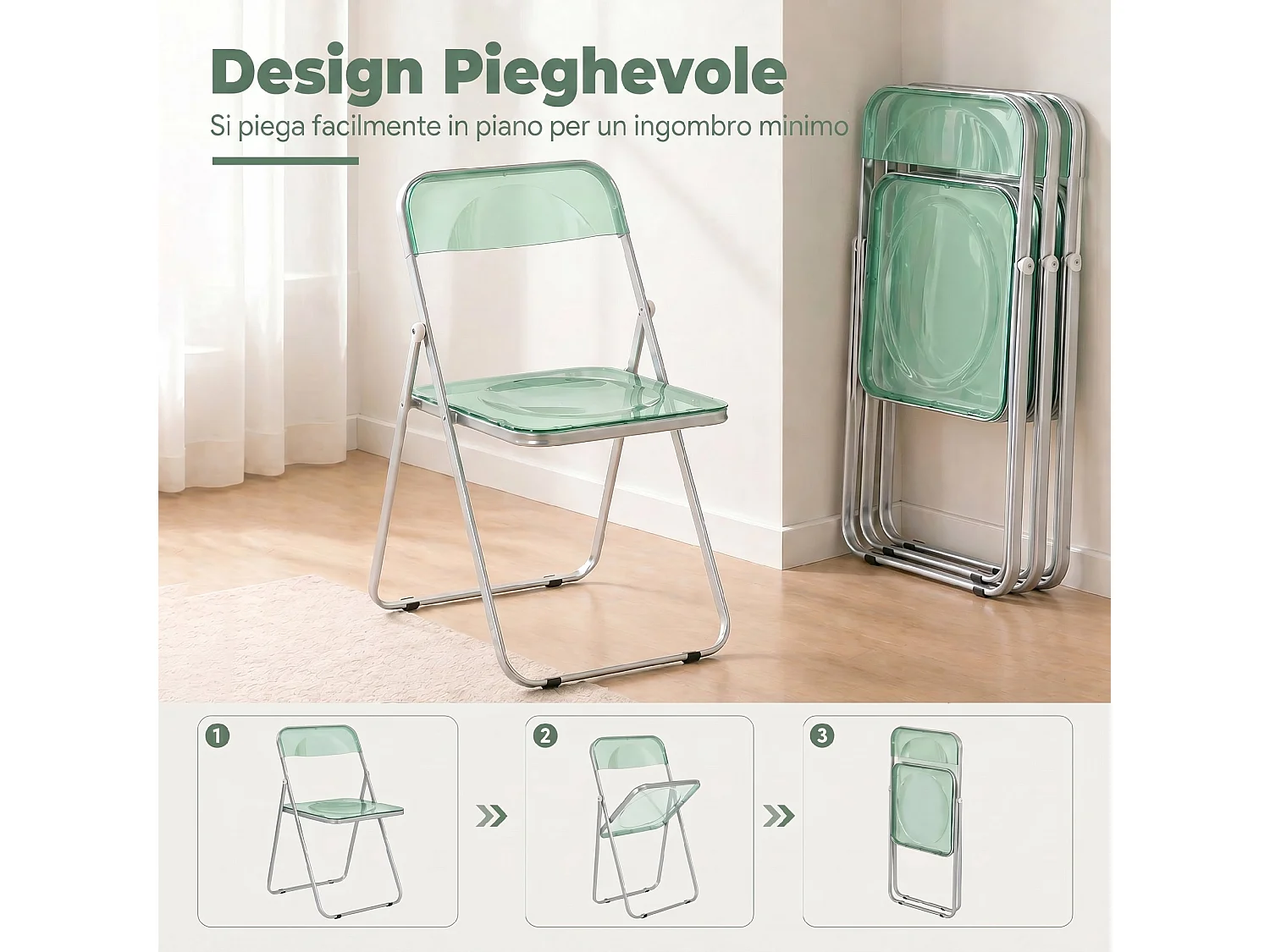 Set da 4 sedie pieghevoli in acrilico trasparenti, verde