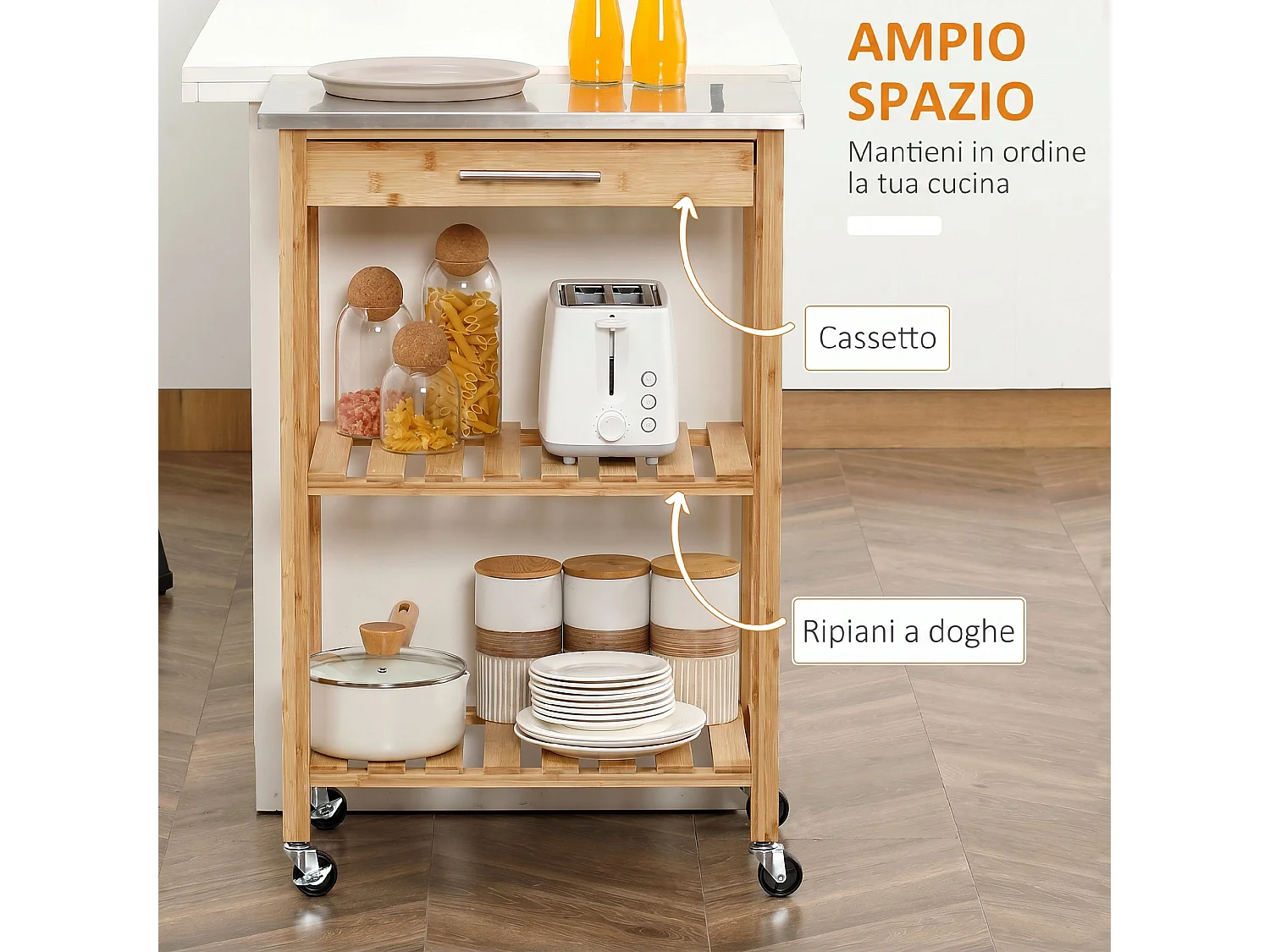 Carrello da cucina in bambù con cassetto e mensole a doghe, naturale