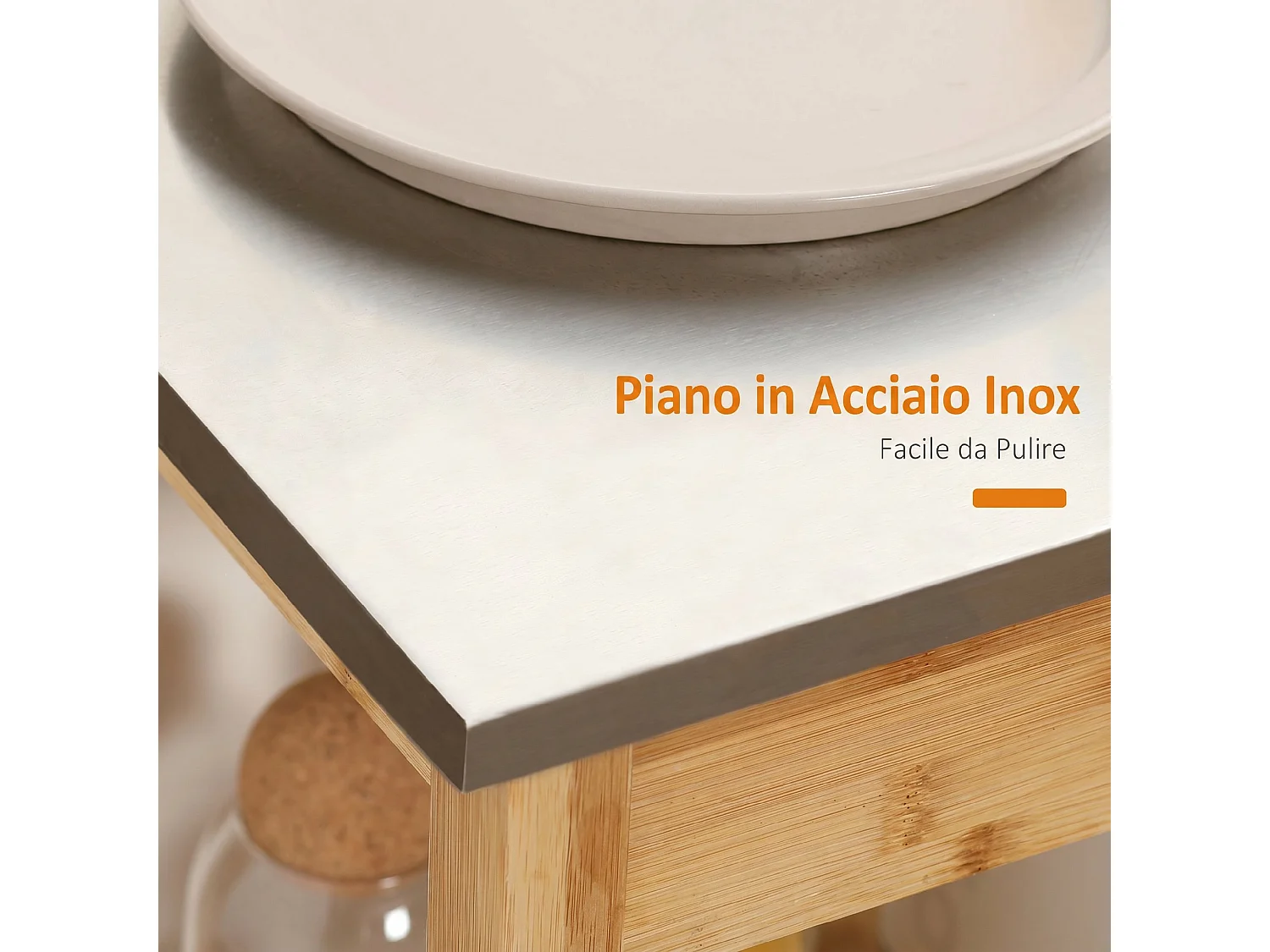 Carrello da cucina in bambù con cassetto e mensole a doghe, naturale