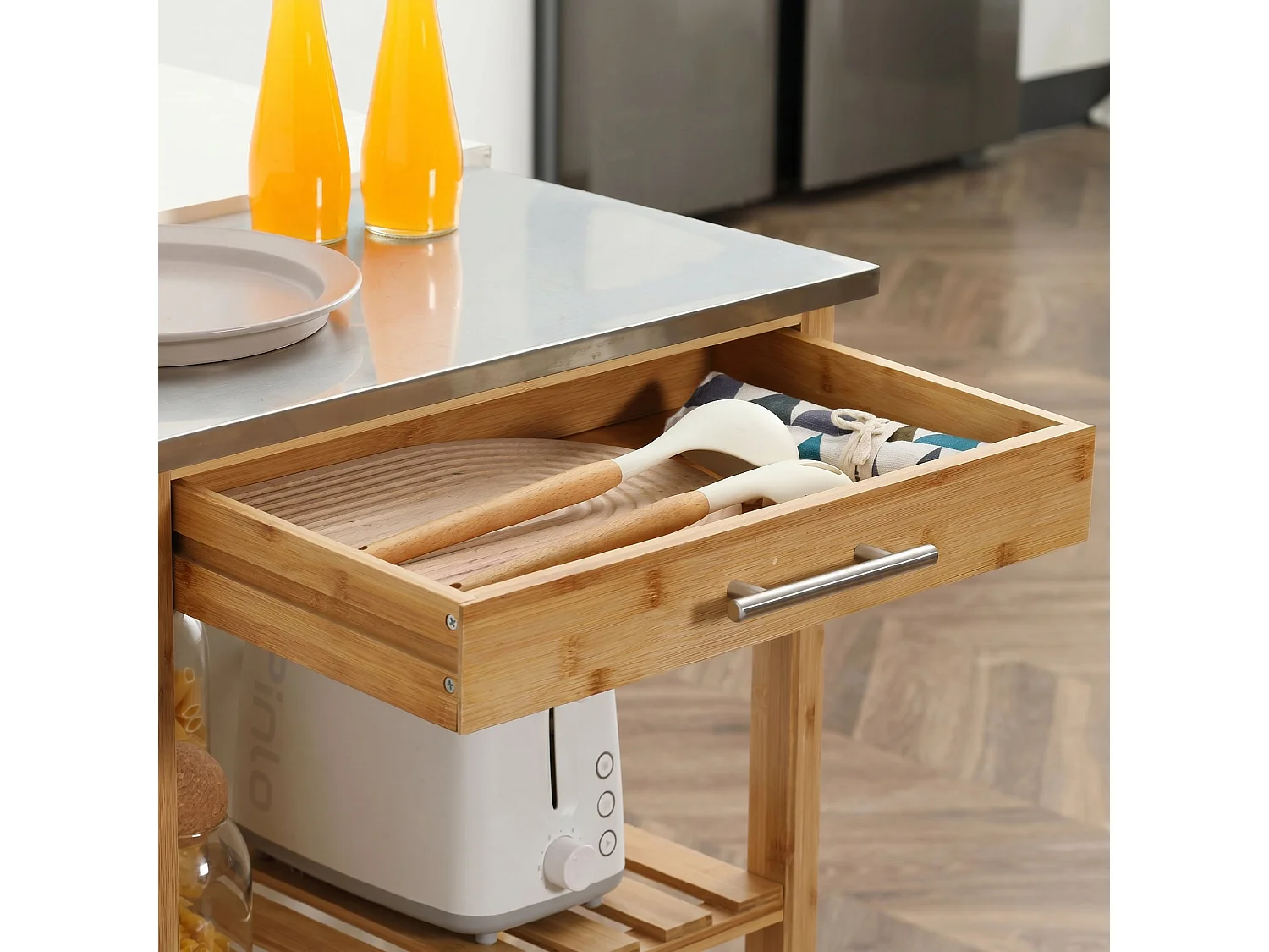Carrello da cucina in bambù con cassetto e mensole a doghe, naturale