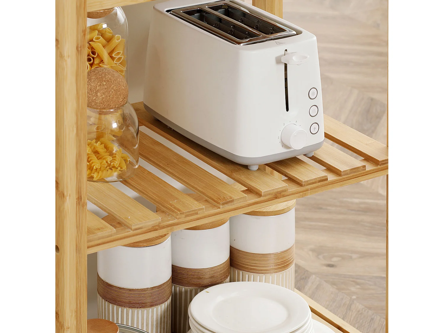 Carrello da cucina in bambù con cassetto e mensole a doghe, naturale
