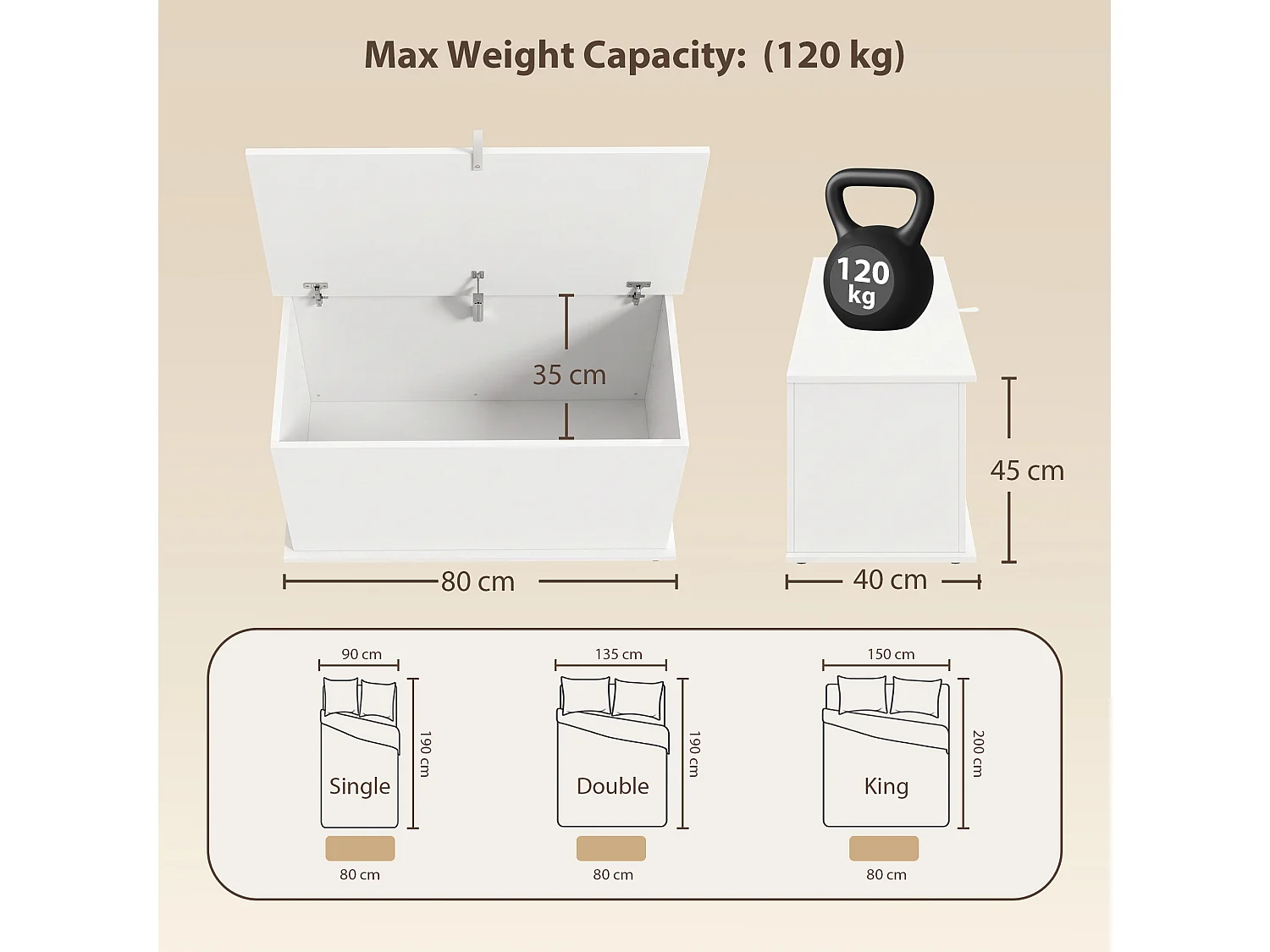 Cassapanca con coperchio di sicurezza, baule da 102l, bianco