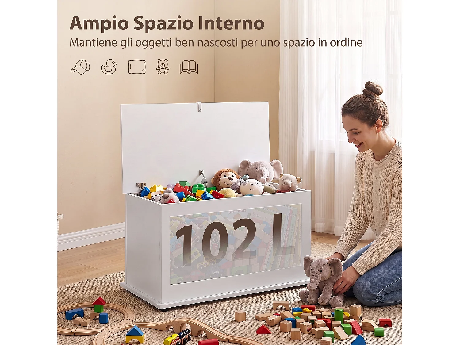 Cassapanca con coperchio di sicurezza, baule da 102l, bianco