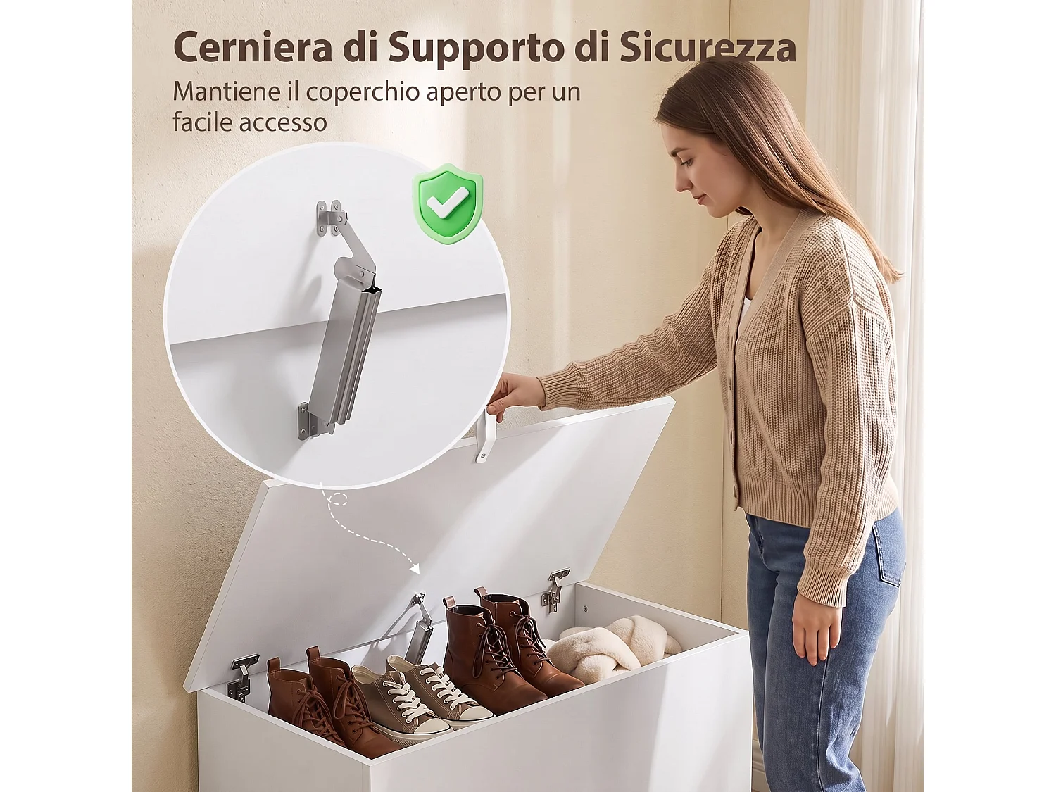 Cassapanca con coperchio di sicurezza, baule da 102l, bianco