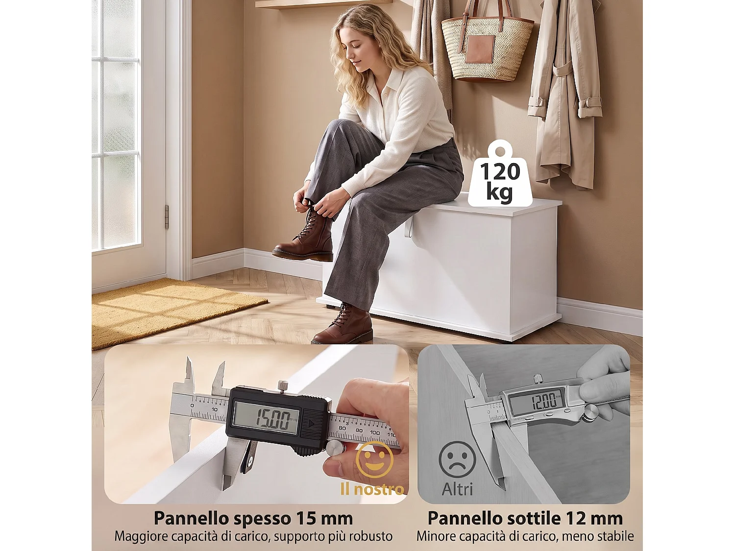 Cassapanca con coperchio di sicurezza, baule da 102l, bianco