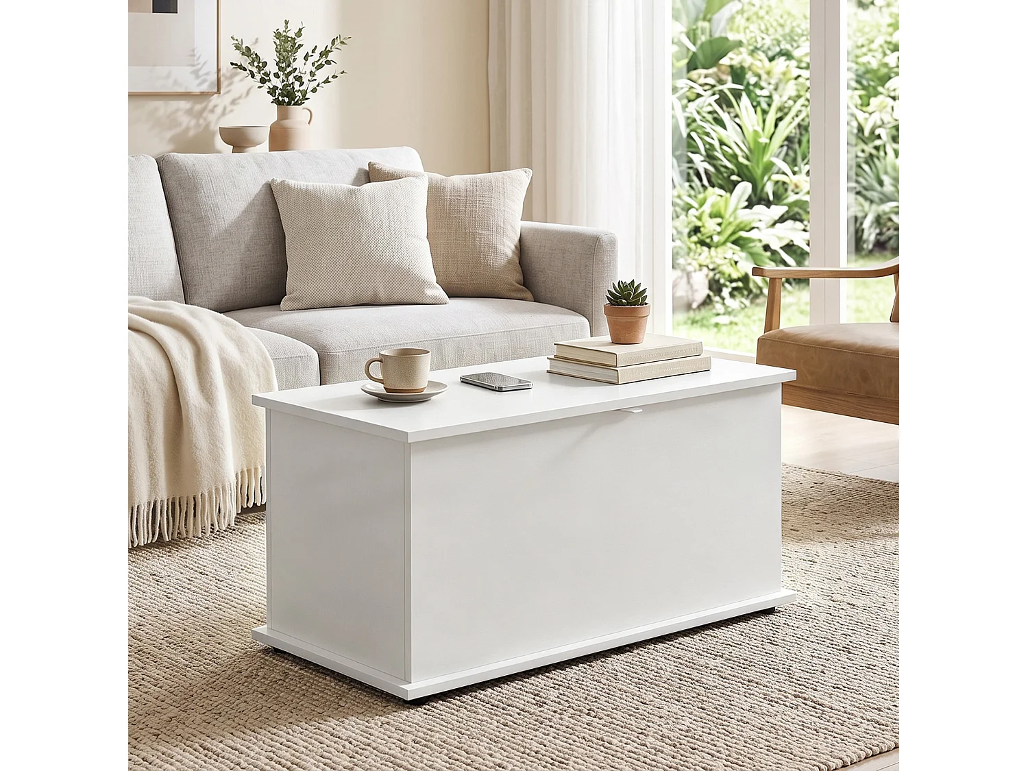 Cassapanca con coperchio di sicurezza, baule da 102l, bianco