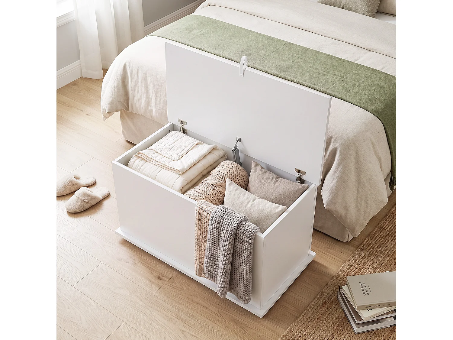 Cassapanca con coperchio di sicurezza, baule da 102l, bianco