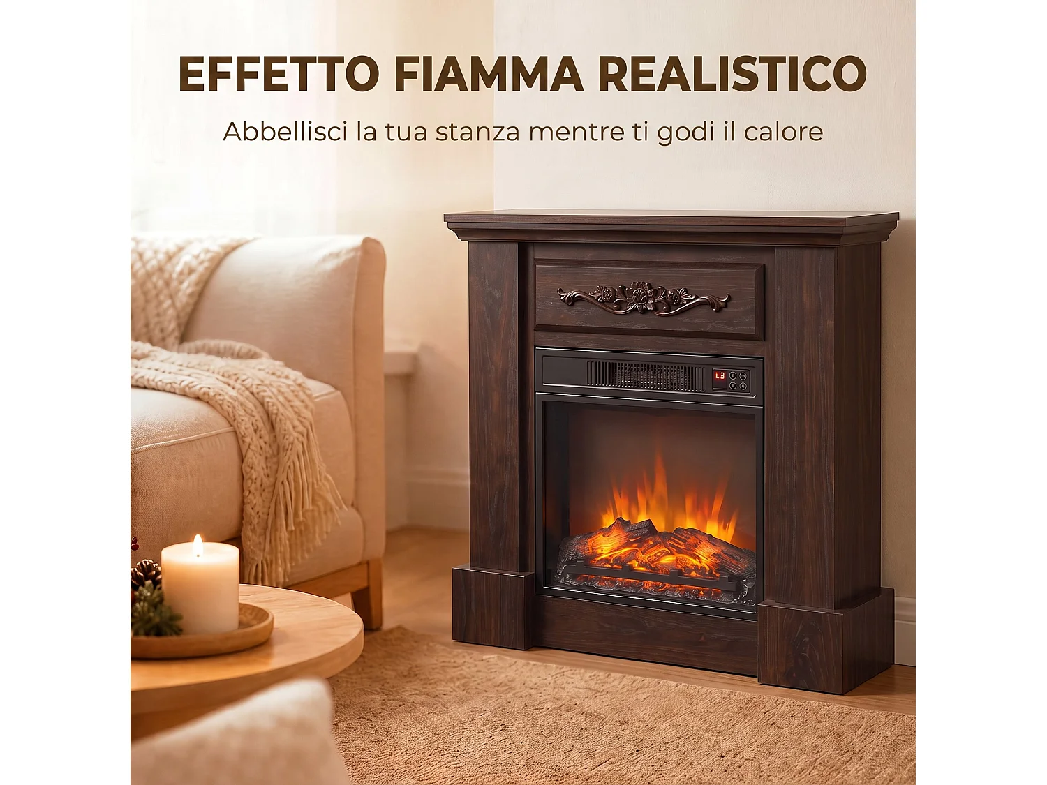 Camino elettrico con effetto fiamma, telecomando e timer marrone