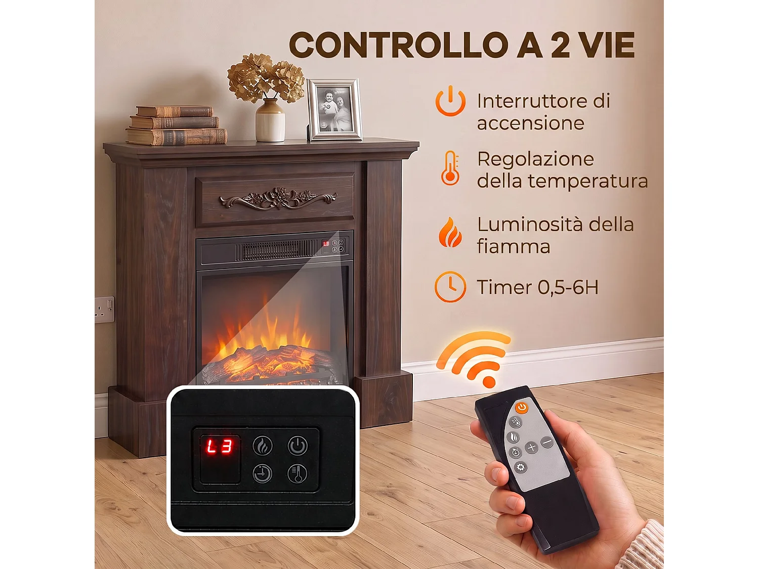 Camino elettrico con effetto fiamma, telecomando e timer marrone