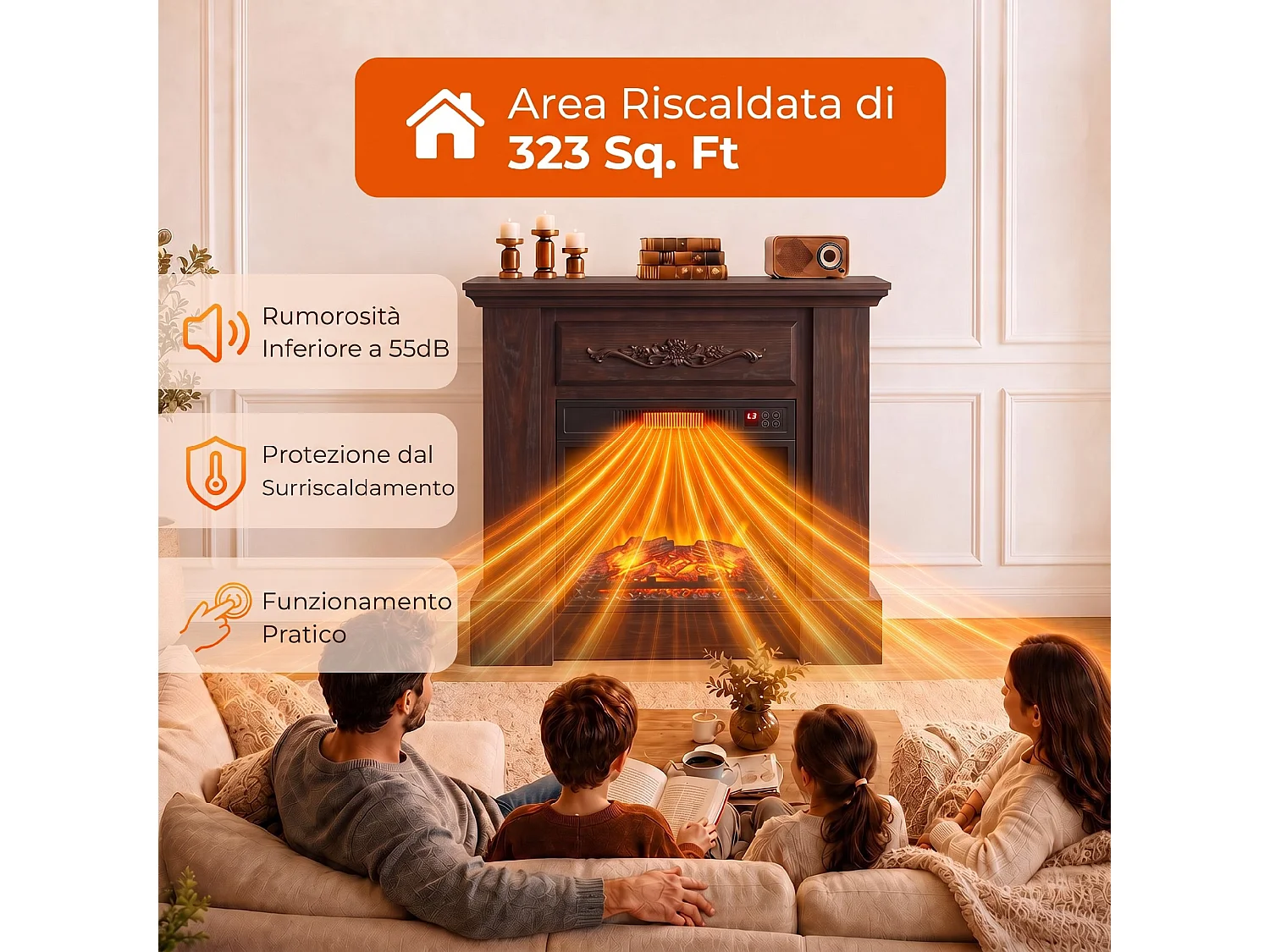 Camino elettrico con effetto fiamma, telecomando e timer marrone