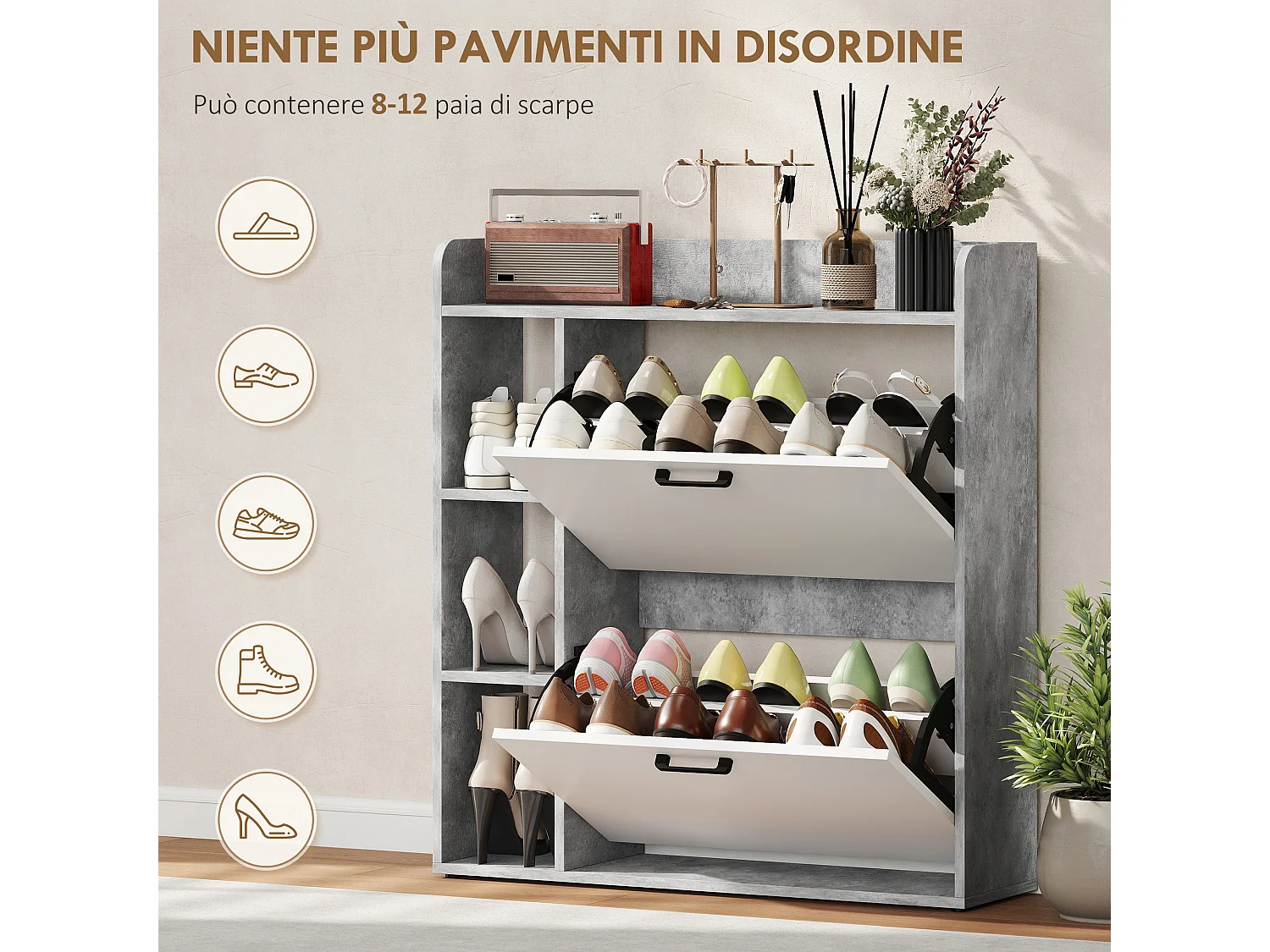 Scarpiera slim con 2 cassetti e 3 vani aperti per 15 scarpe grigio