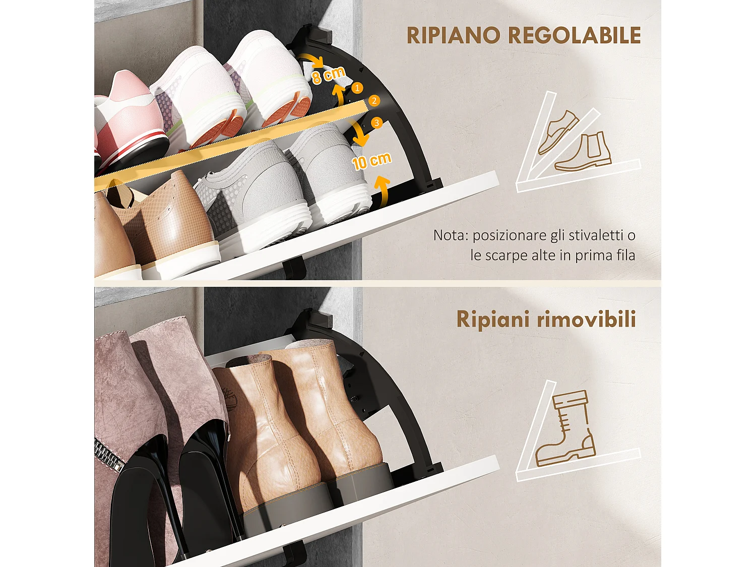 Scarpiera slim con 2 cassetti e 3 vani aperti per 15 scarpe grigio