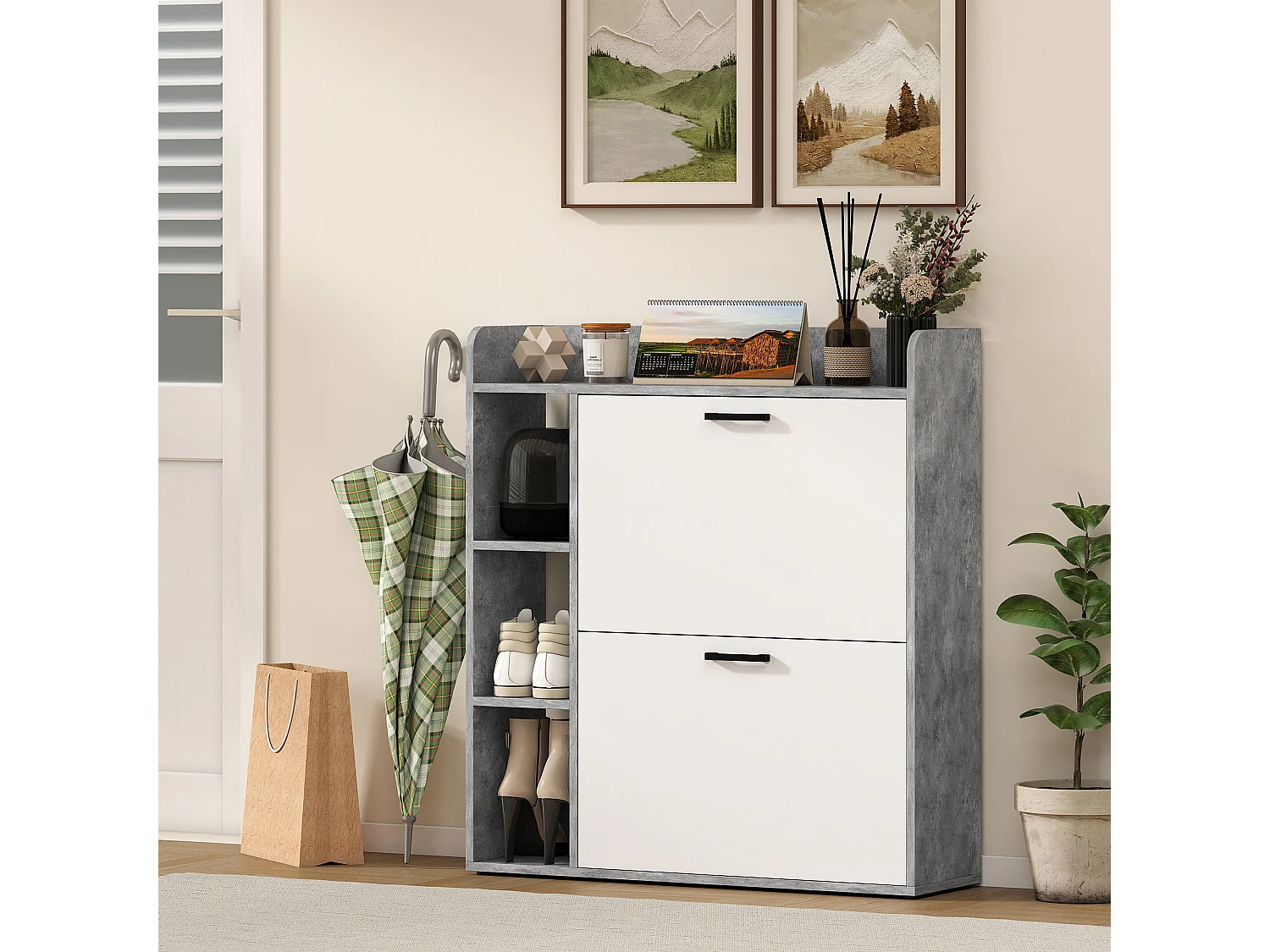 Scarpiera slim con 2 cassetti e 3 vani aperti per 15 scarpe grigio