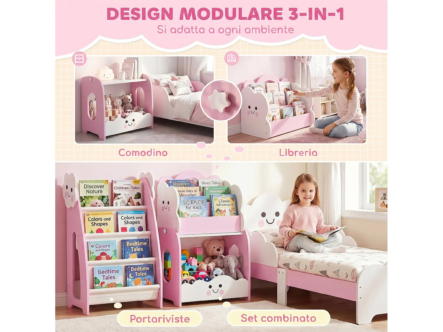 Mobile per bambini con spazi portaoggetti 85.5x32x72 cm rosa e bianco