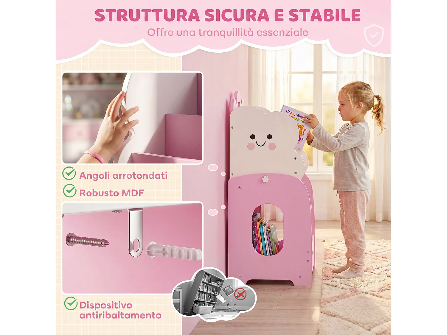 Mobile per bambini con spazi portaoggetti 85.5x32x72 cm rosa e bianco