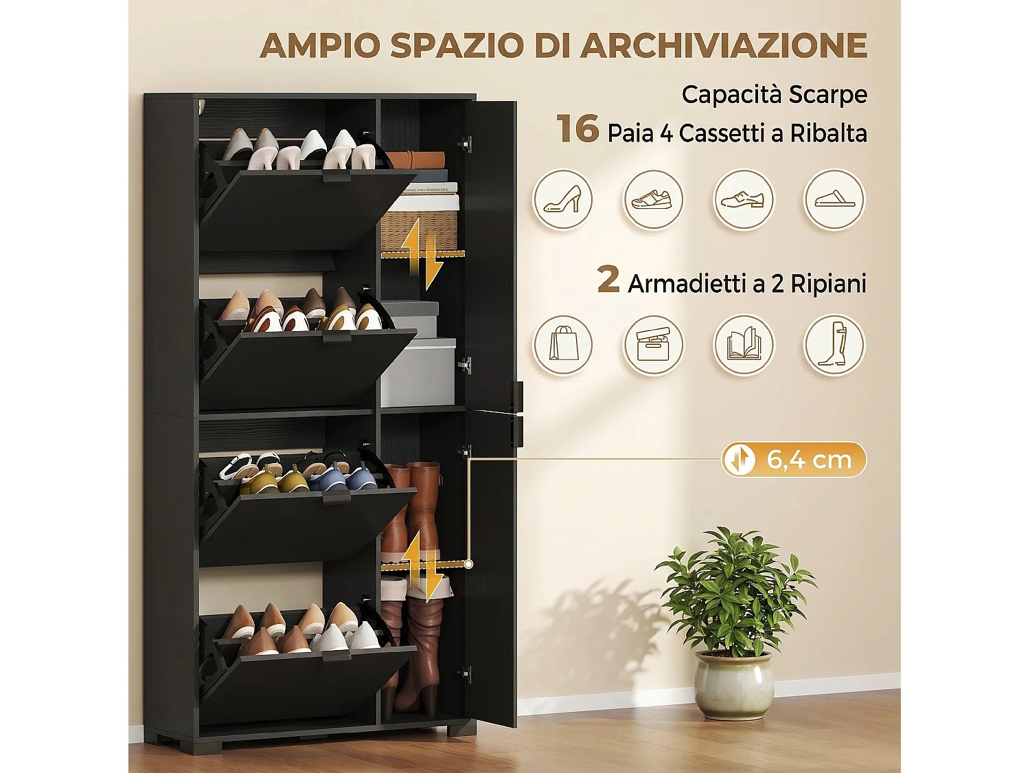 Scarpiera con 4 cassetti a ribalta in legno nero