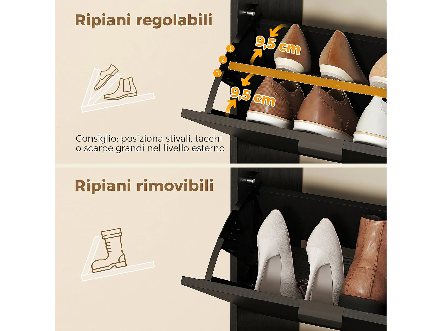 Scarpiera con 4 cassetti a ribalta in legno nero