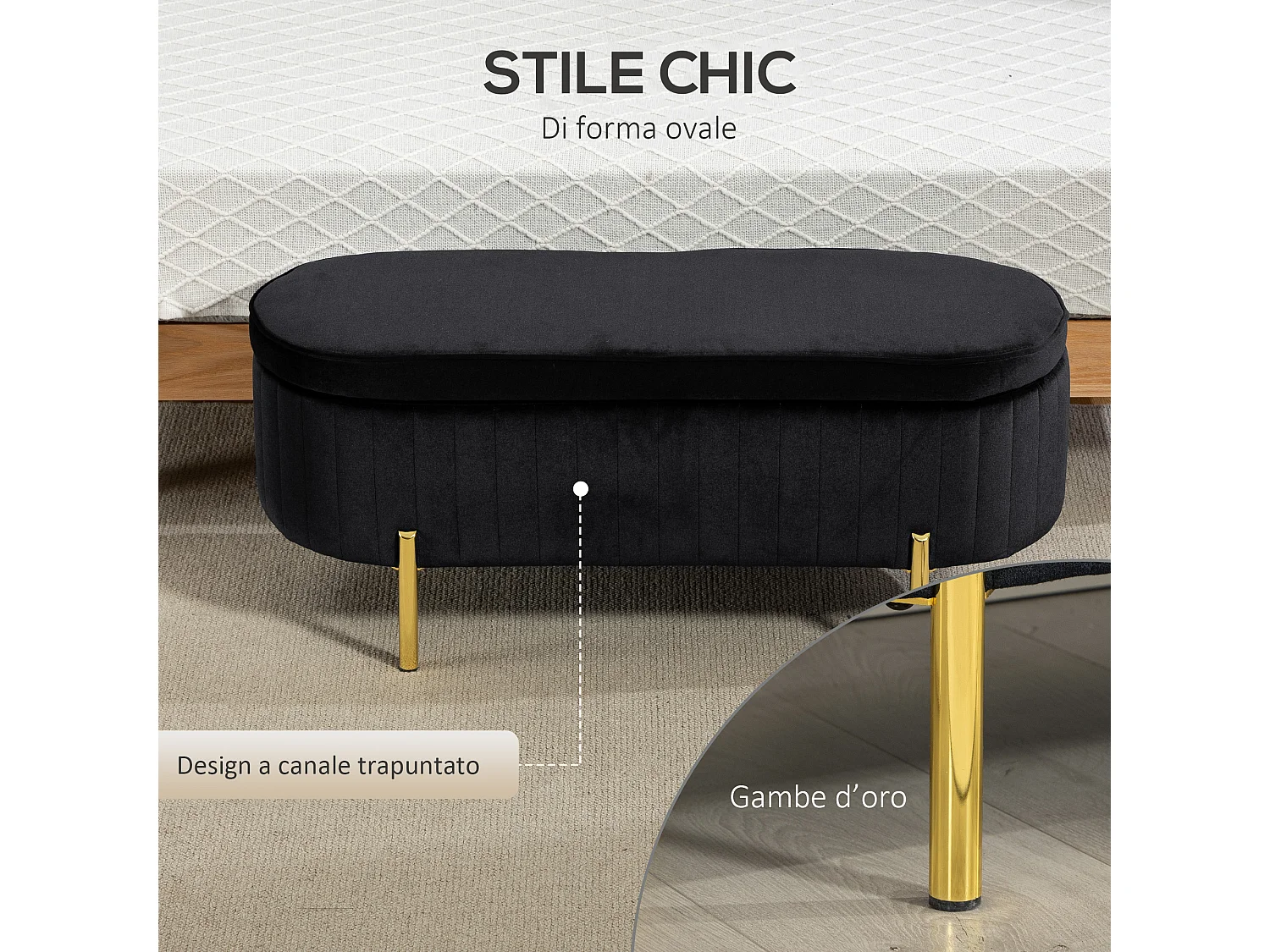 Panca contenitore ovale 72l con coperchio in velluto nero