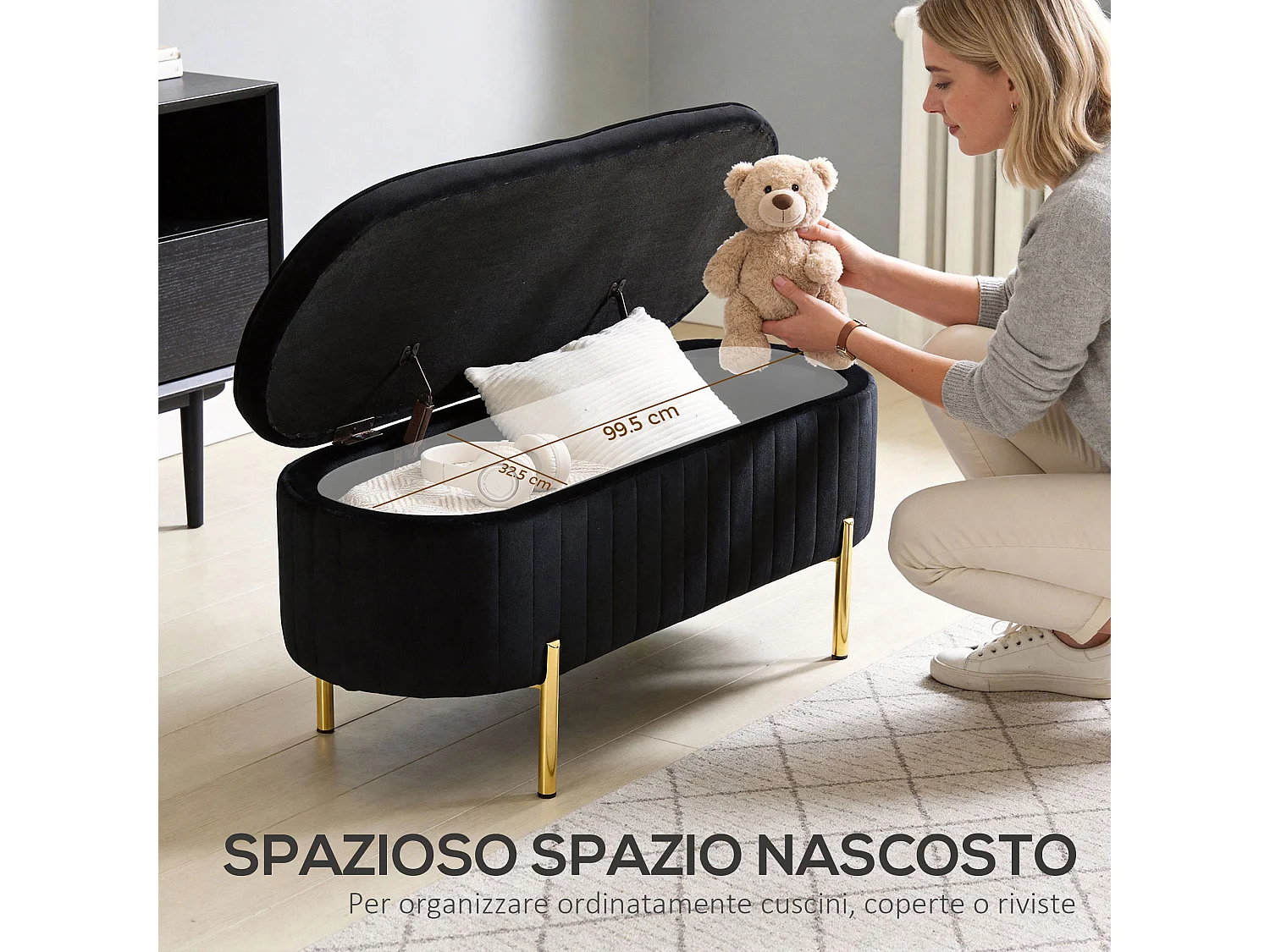 Panca contenitore ovale 72l con coperchio in velluto nero