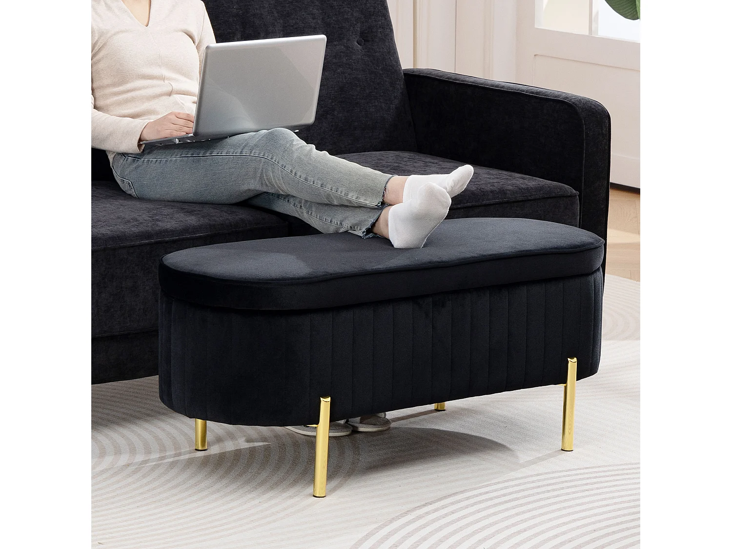 Panca contenitore ovale 72l con coperchio in velluto nero