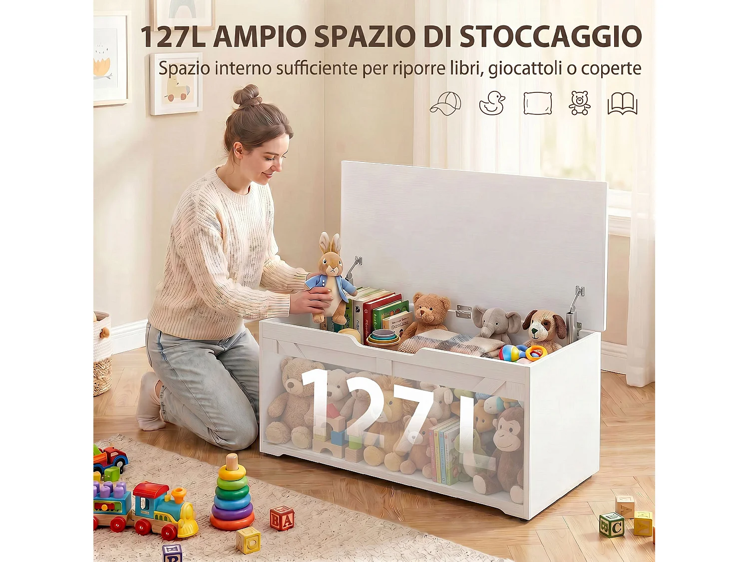 Cassapanca contenitore per soggiorno in legno bianco