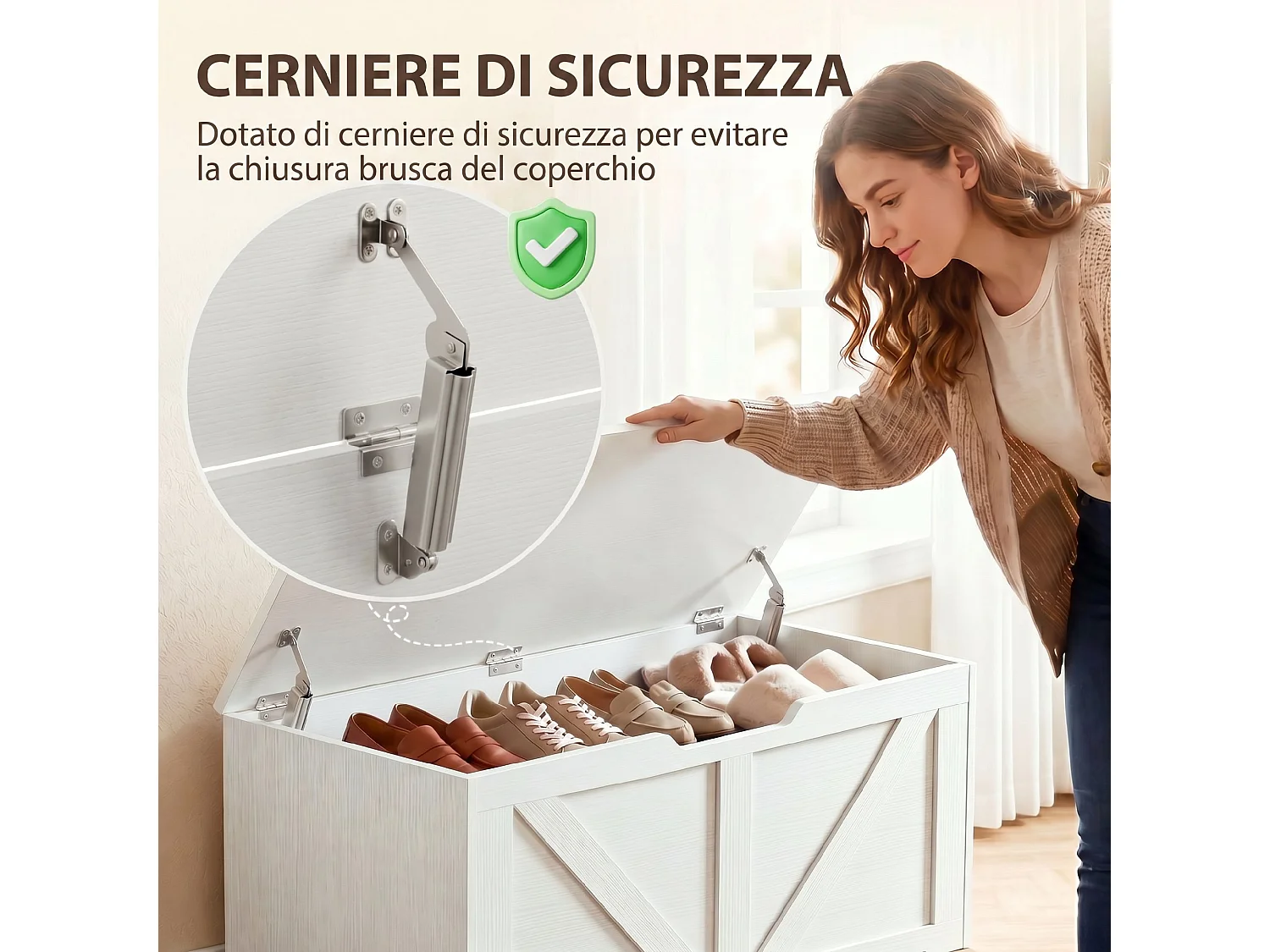 Cassapanca contenitore per soggiorno in legno bianco