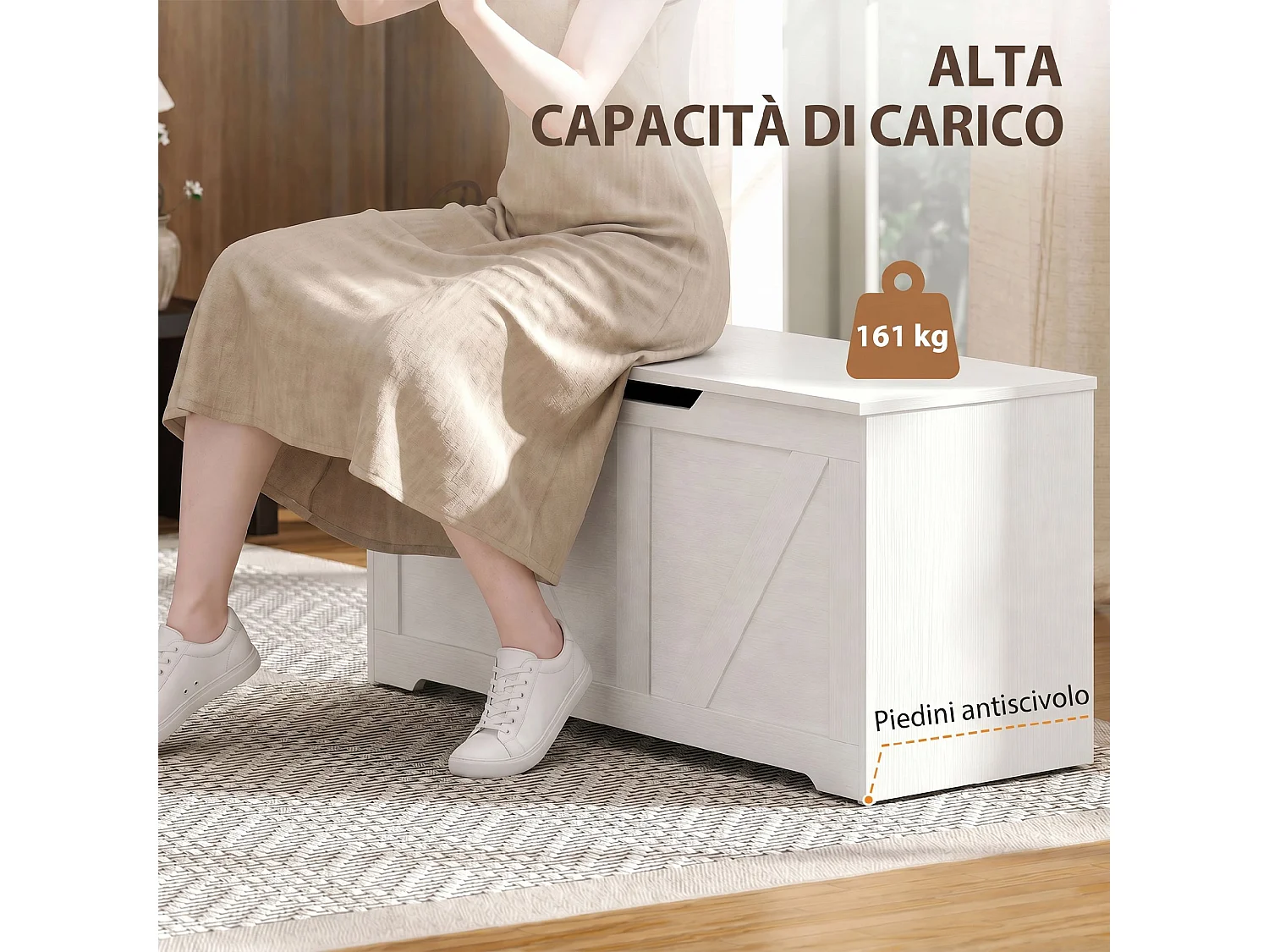 Cassapanca contenitore per soggiorno in legno bianco
