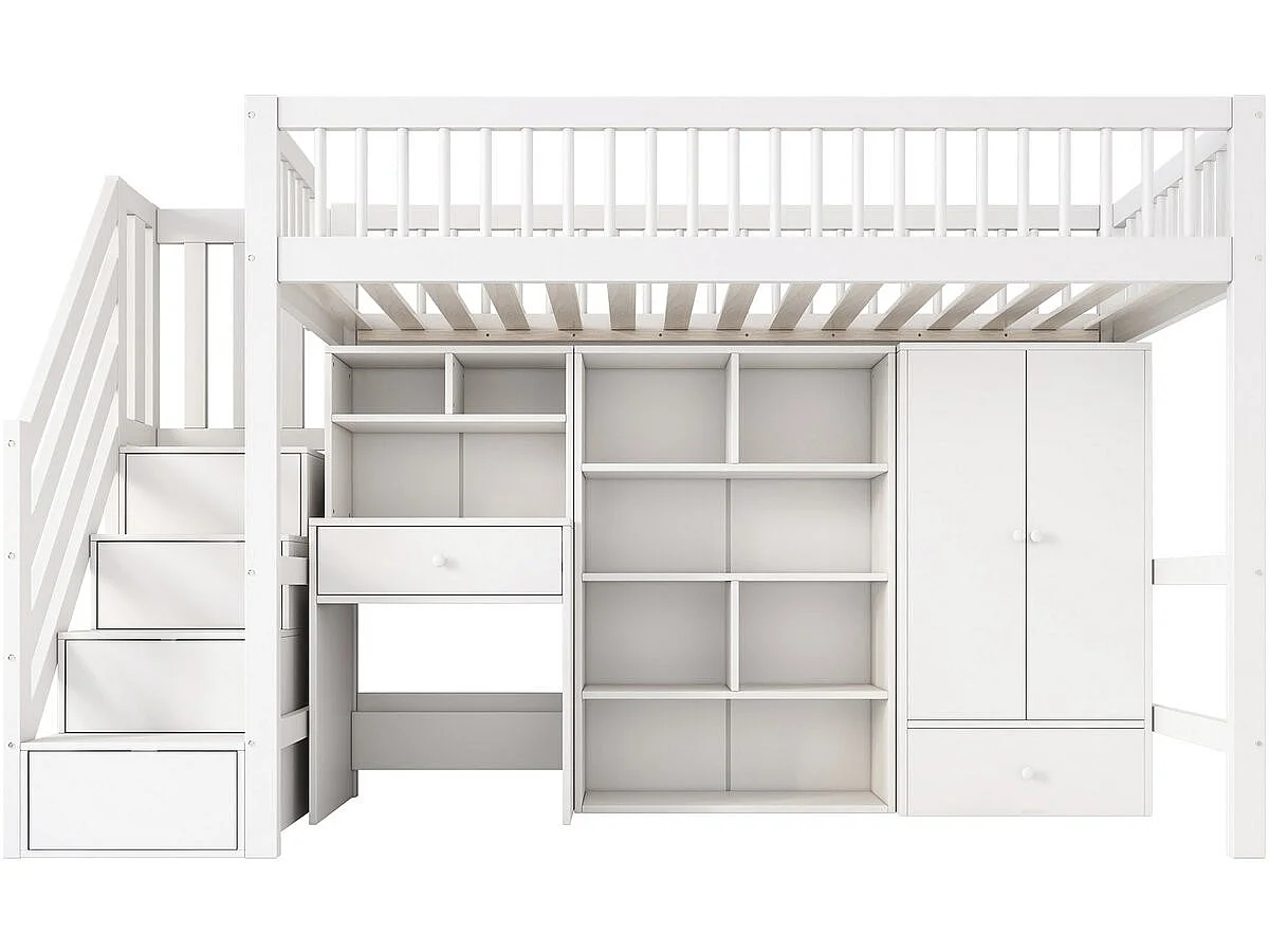 Lit mezzanine en bois avec dressing et bureau intégré "Amélia" - 90 x 190 cm - Blanc