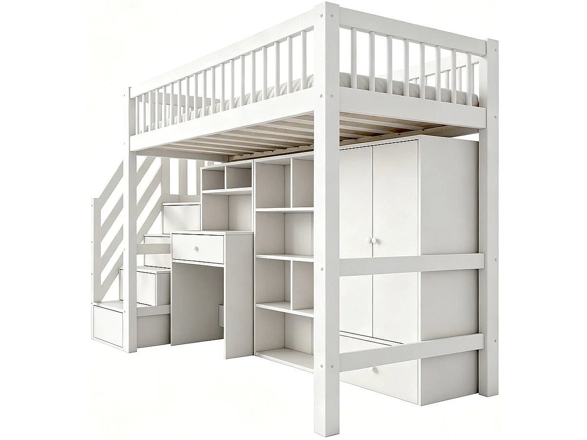 Lit mezzanine en bois avec dressing et bureau intégré "Amélia" - 90 x 190 cm - Blanc