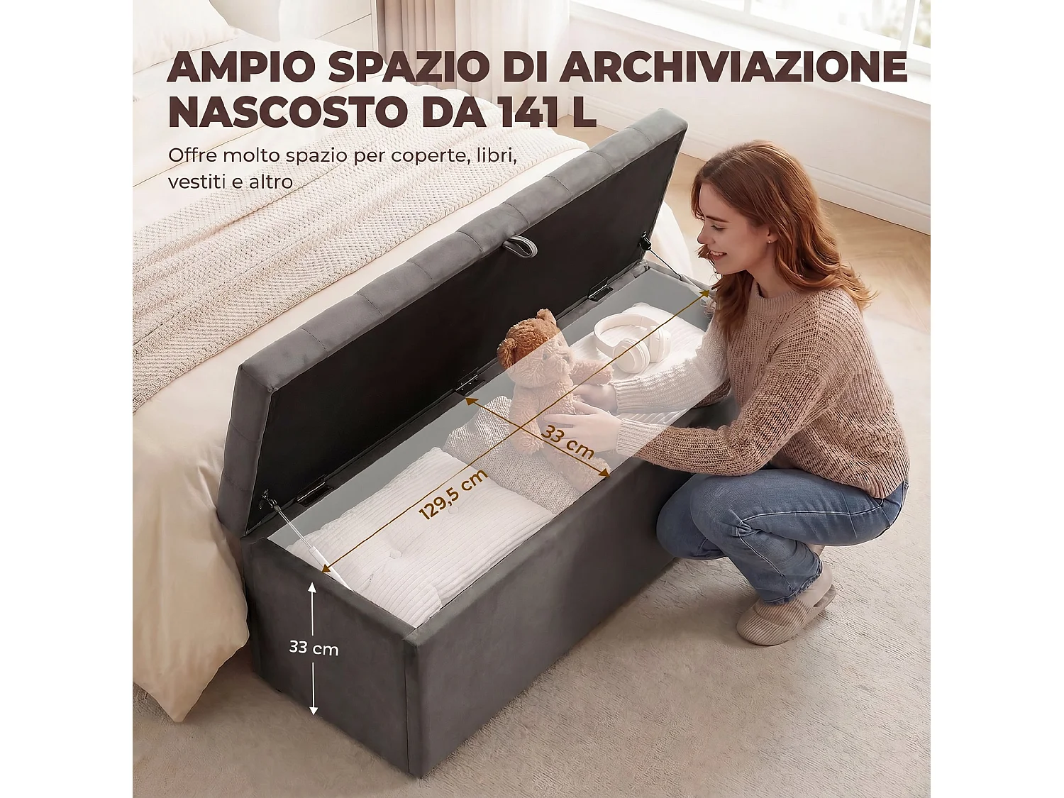 Cassapanca in velluto140l con seduta ampia imbottita ingresso grigio