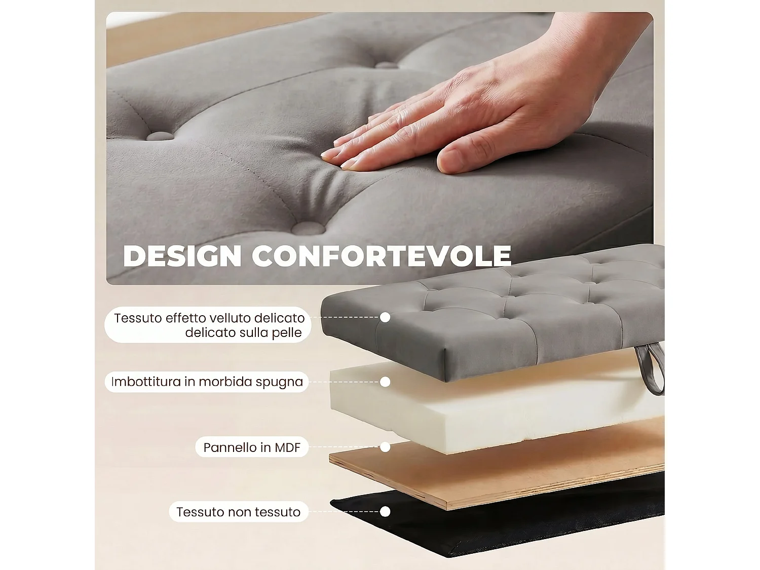 Cassapanca in velluto140l con seduta ampia imbottita ingresso grigio