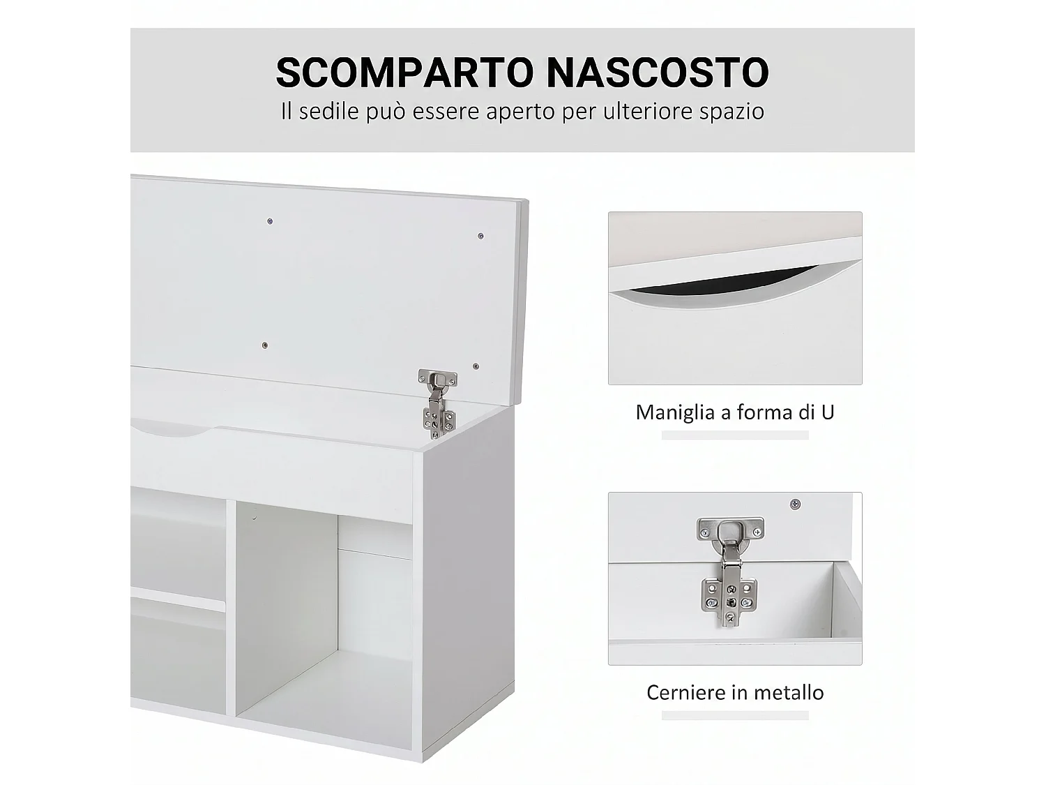 Scarpiera panca con sedile imbottito ribaltabile da ingresso bianco