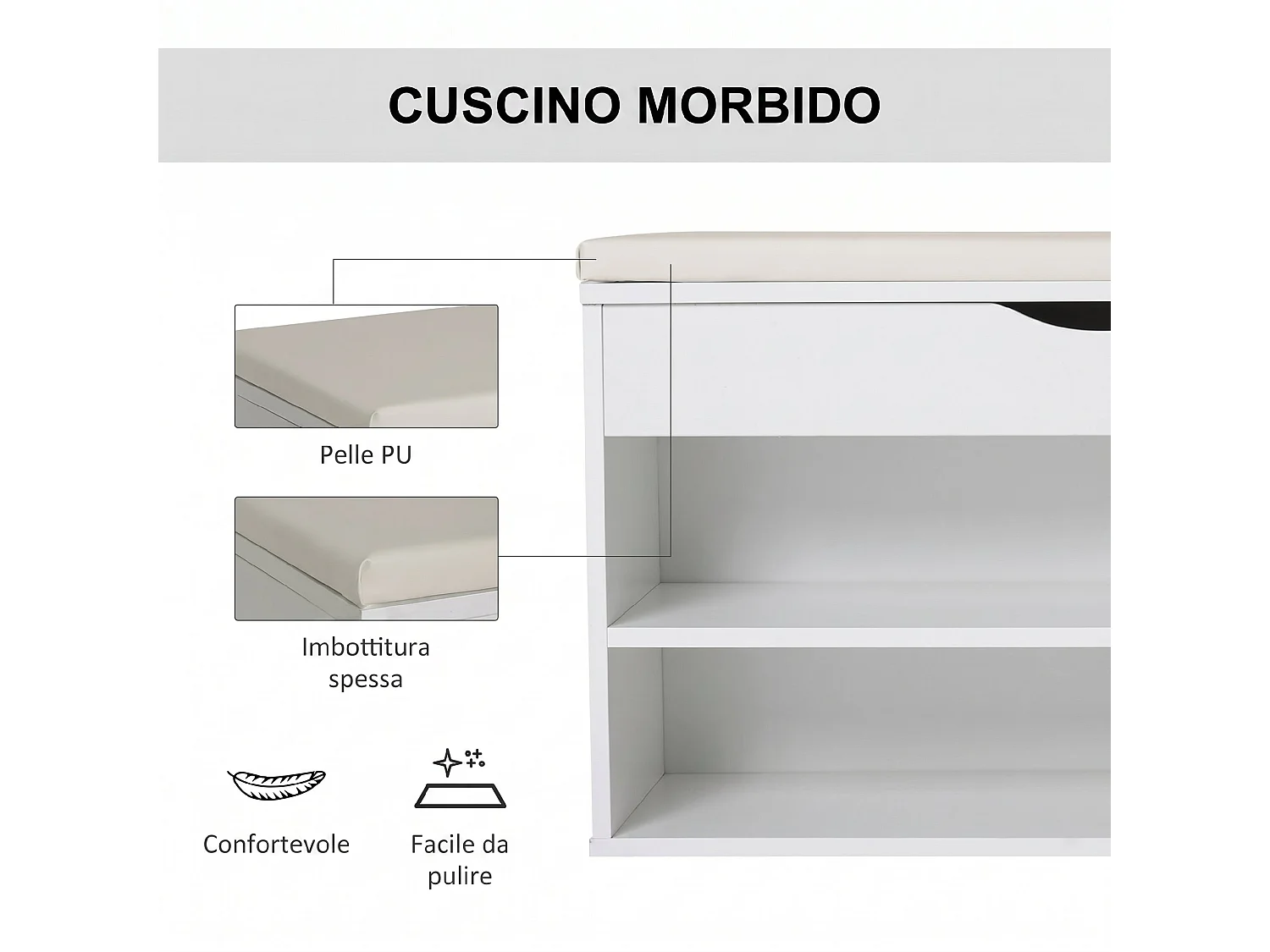 Scarpiera panca con sedile imbottito ribaltabile da ingresso bianco