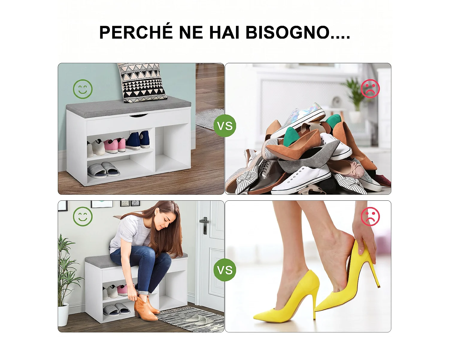 Scarpiera panca con sedile imbottito ribaltabile da ingresso bianco