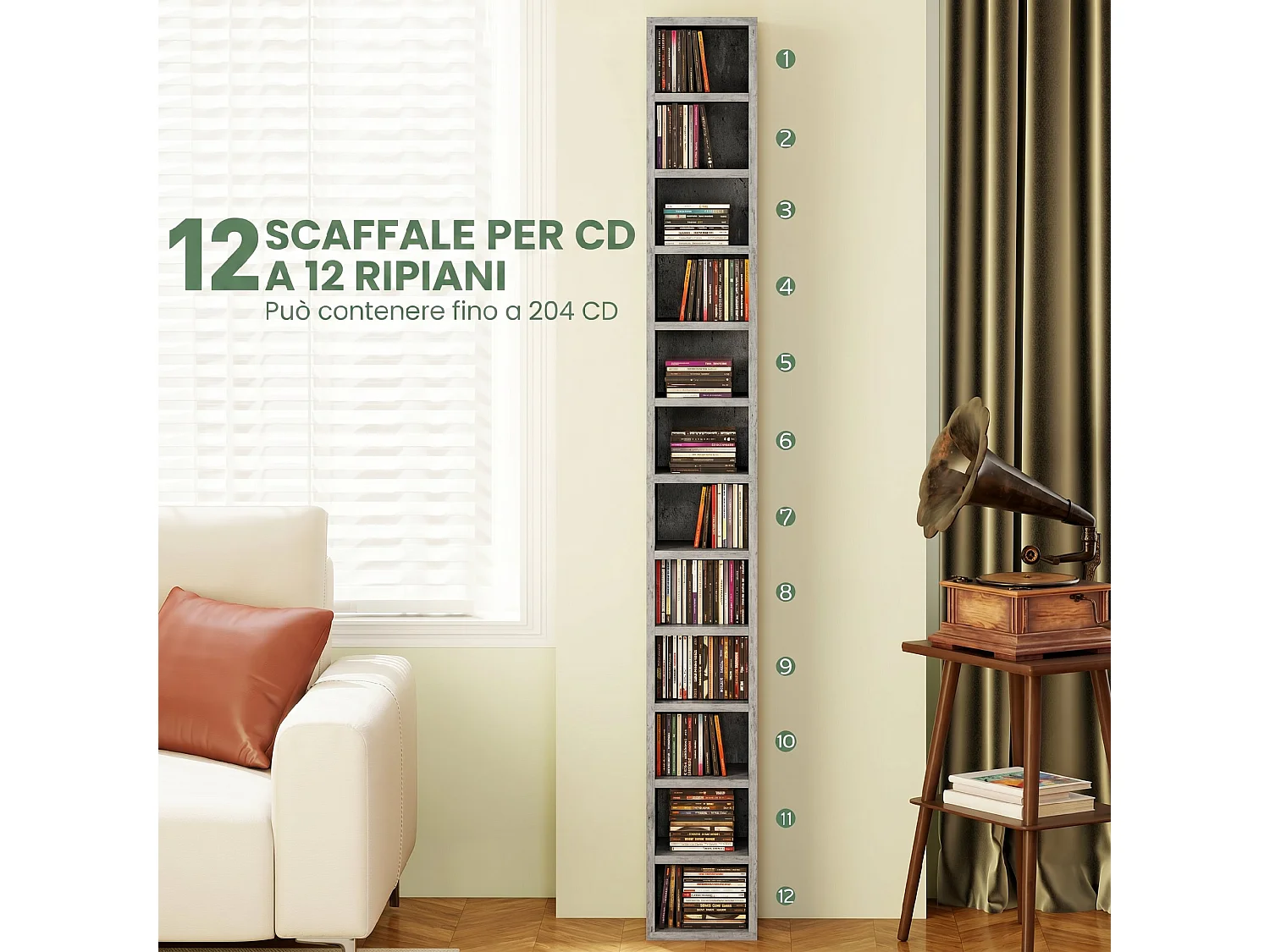 Mobile libreria porta cd a 12 ripiani in mdf e truciolato grigio