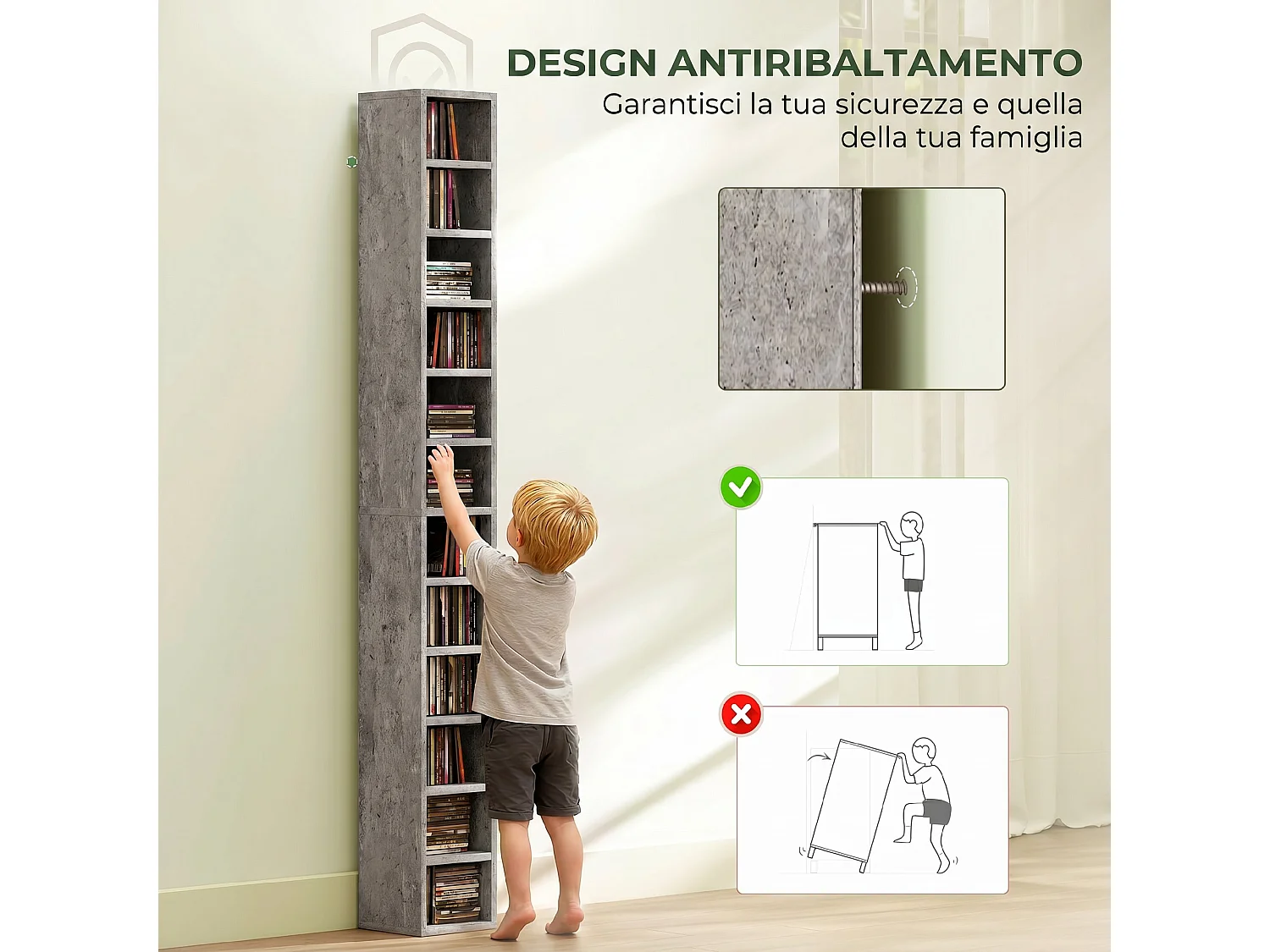 Mobile libreria porta cd a 12 ripiani in mdf e truciolato grigio