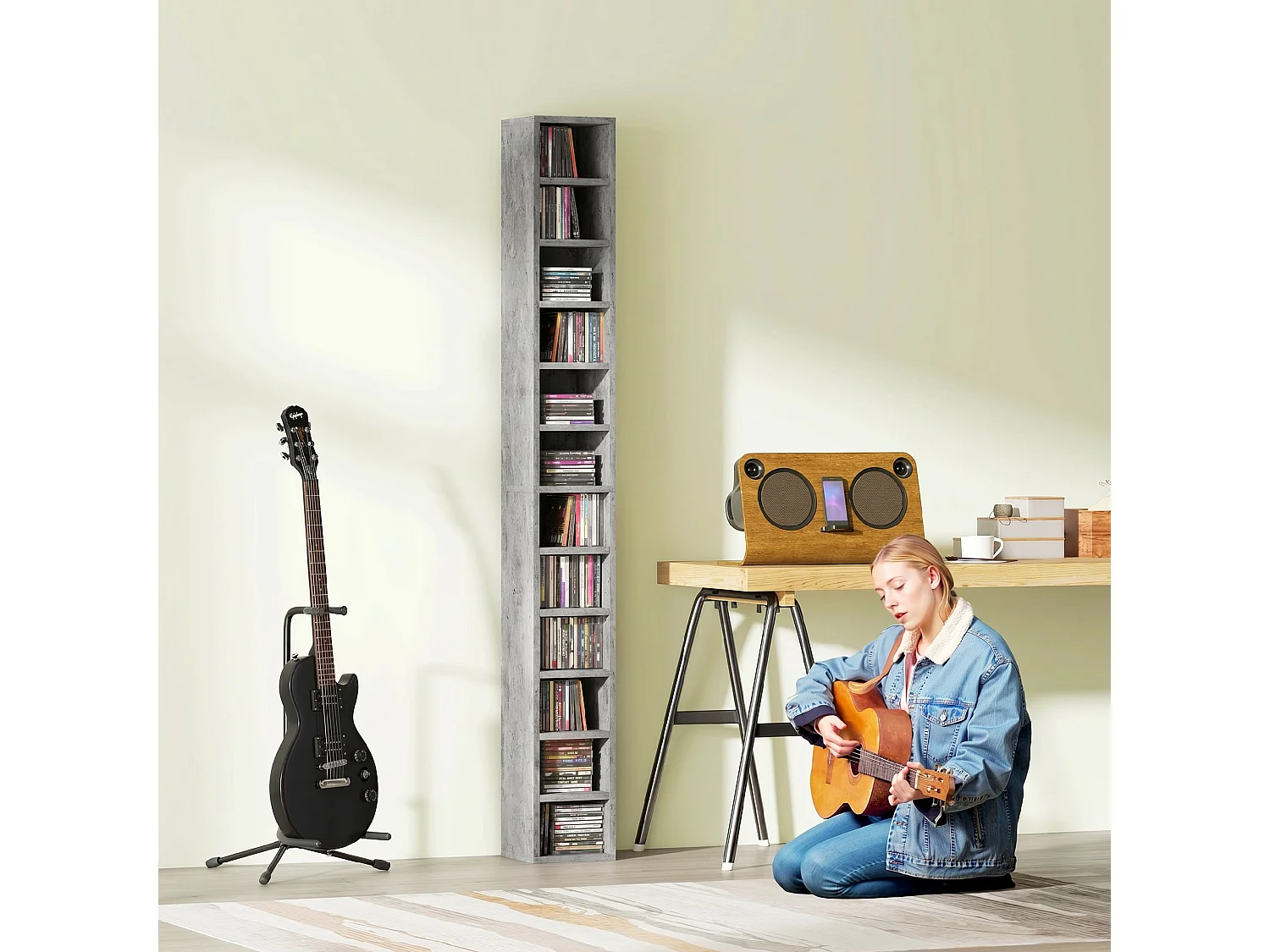 Mobile libreria porta cd a 12 ripiani in mdf e truciolato grigio