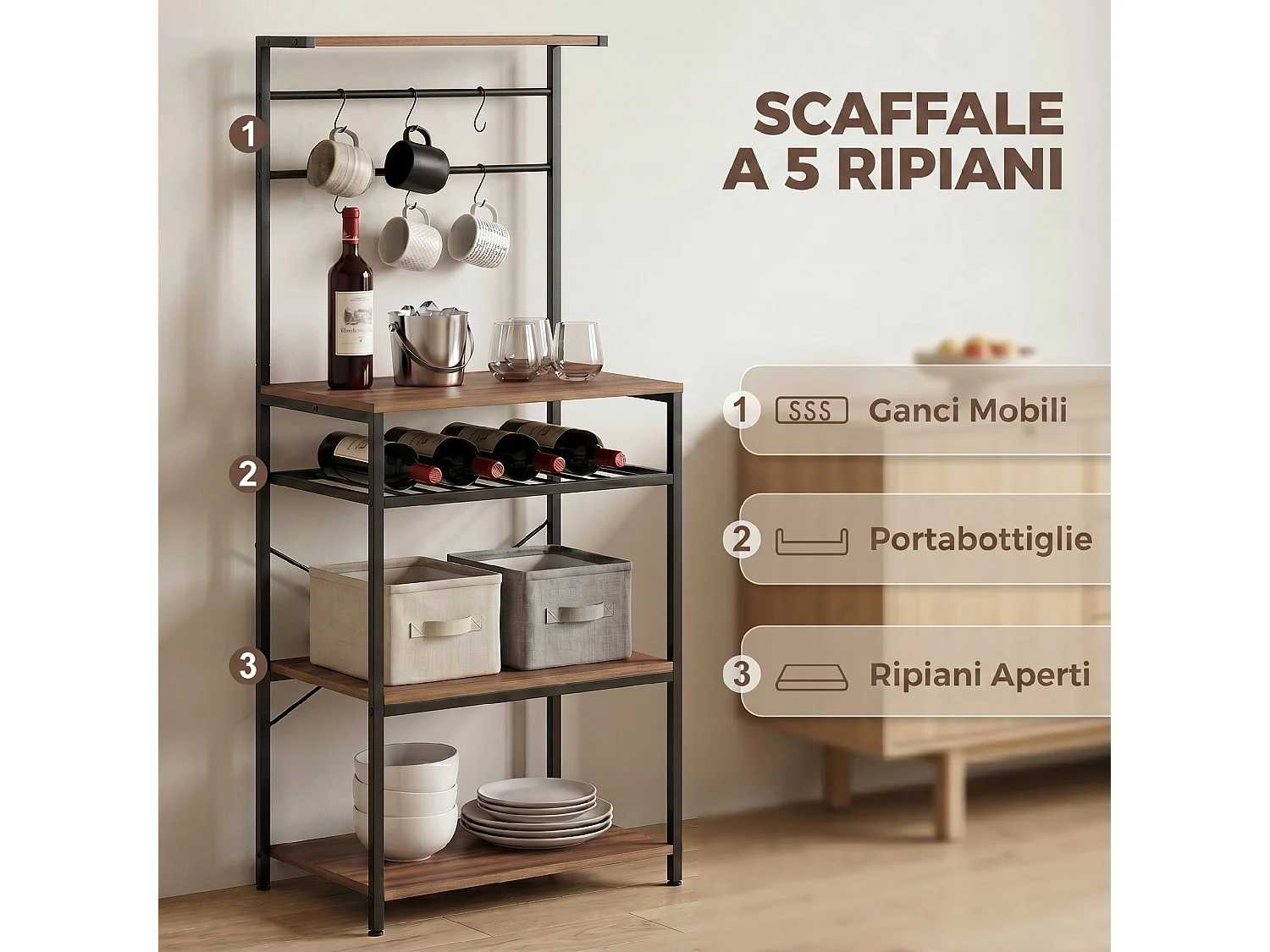 Scaffale industriale con portabottiglie in legno e metallo noce