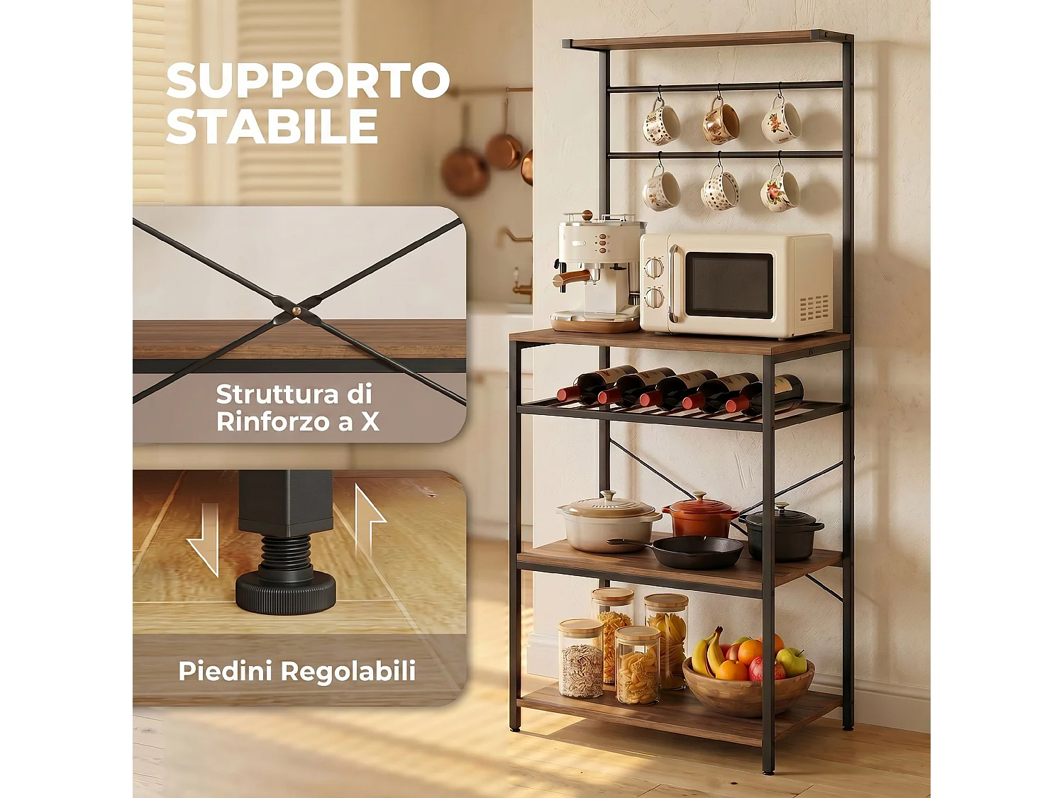 Scaffale industriale con portabottiglie in legno e metallo noce
