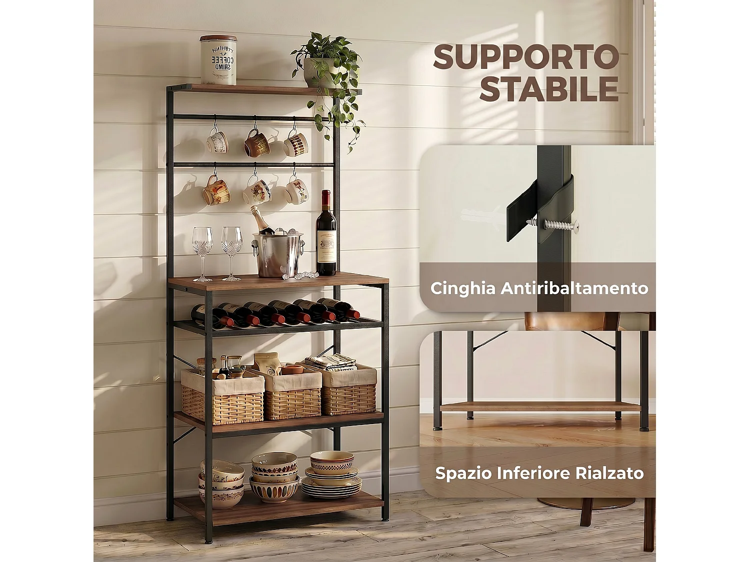 Scaffale industriale con portabottiglie in legno e metallo noce