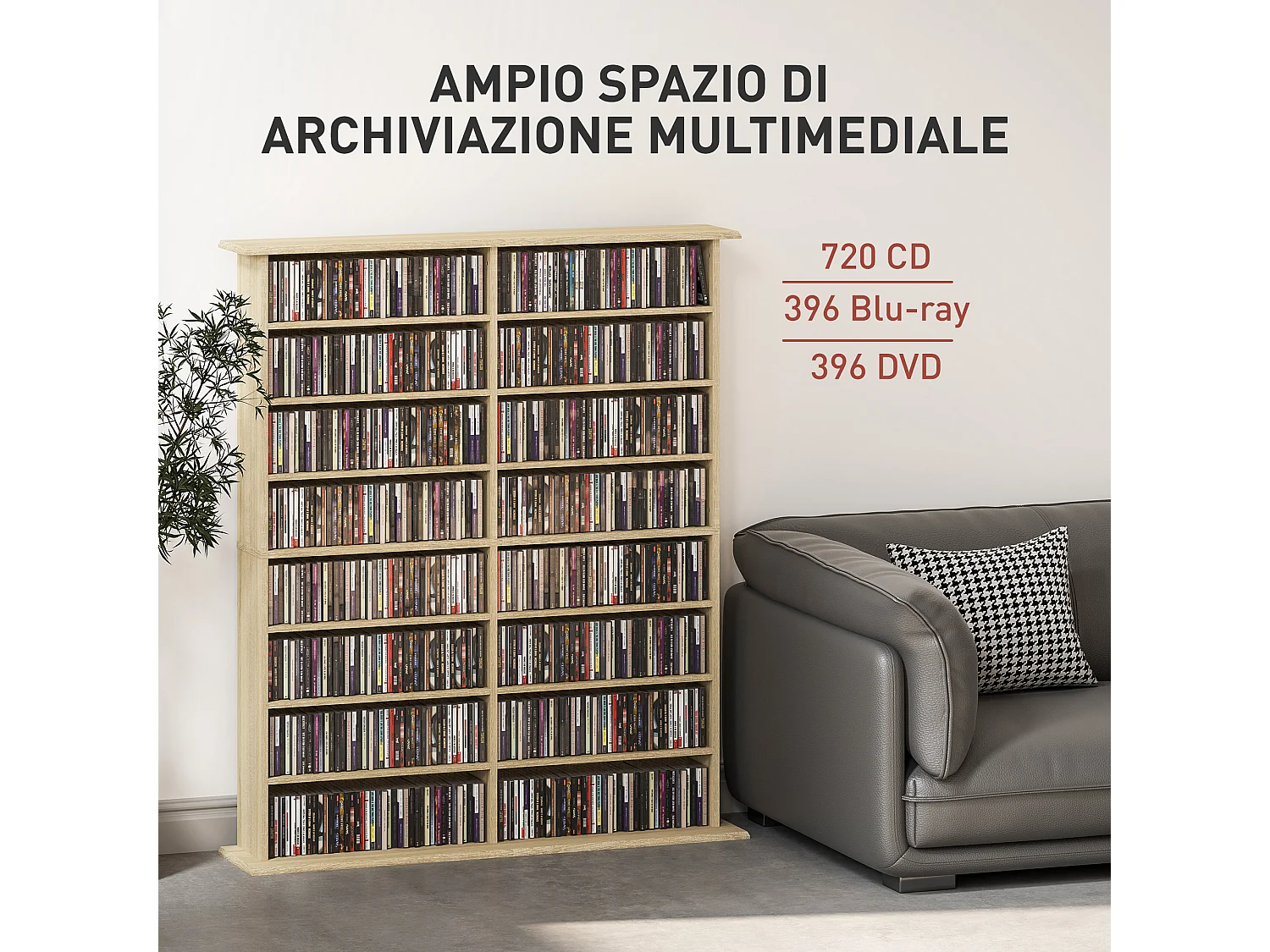 Mobile libreria a 16 ripiani 720 cd in legno 106.5x24x126.3 cm