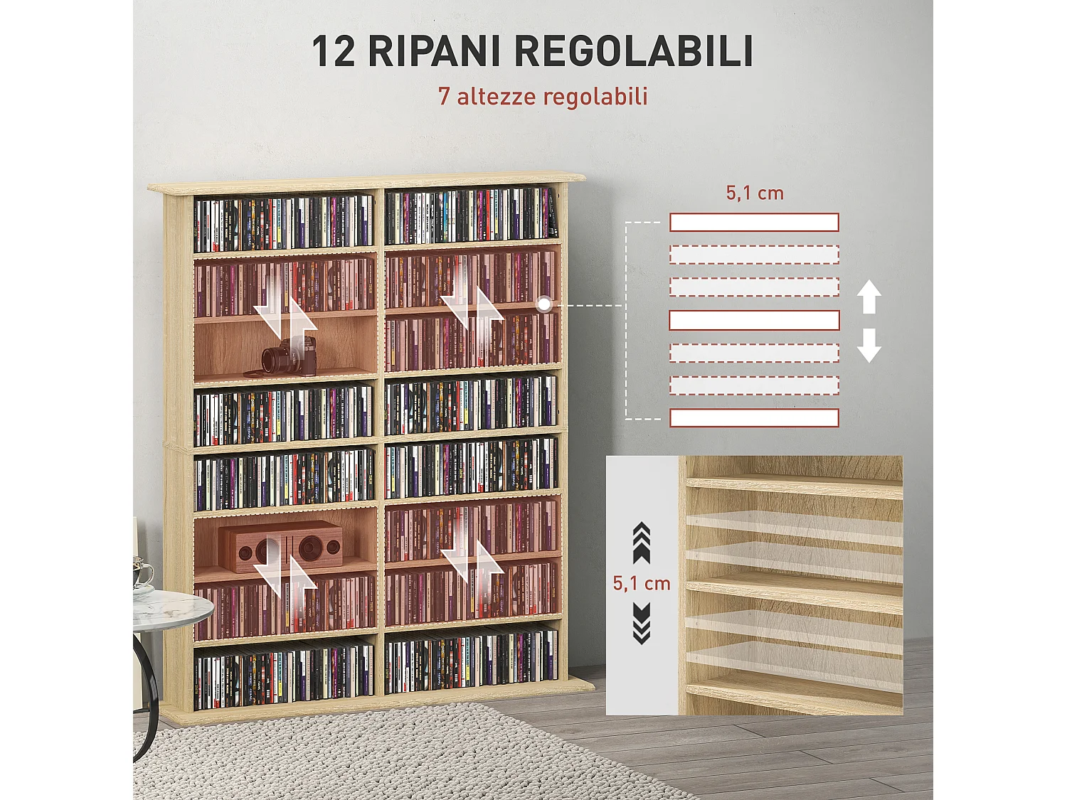 Mobile libreria a 16 ripiani 720 cd in legno 106.5x24x126.3 cm