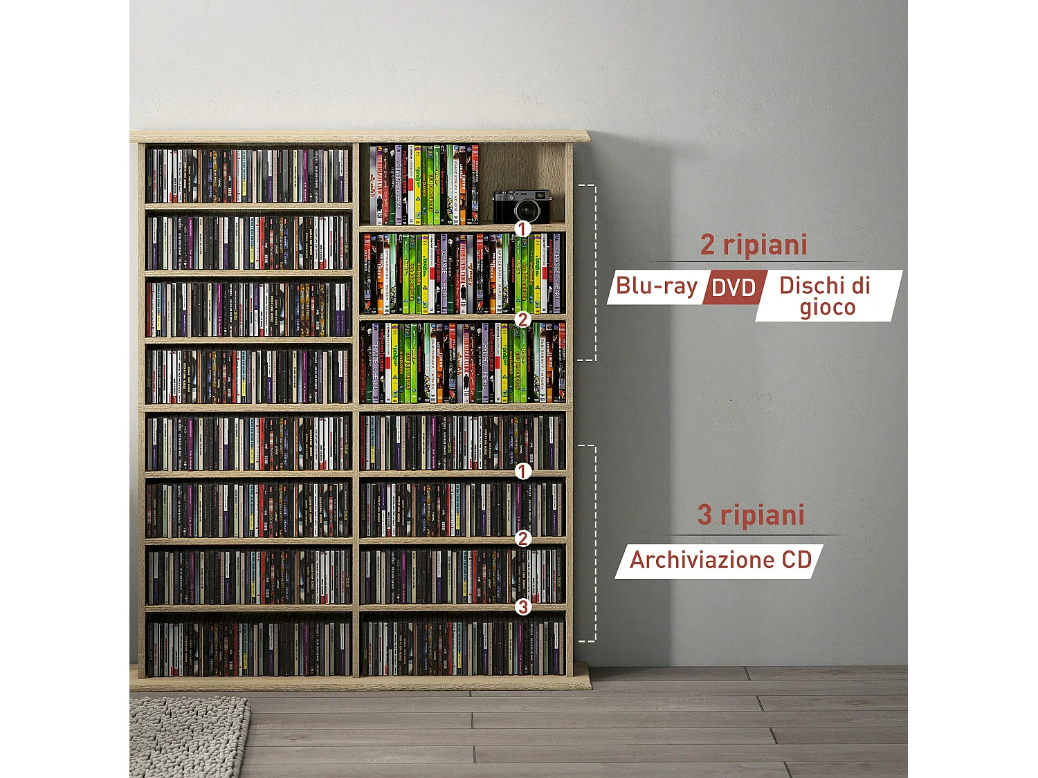 Mobile libreria a 16 ripiani 720 cd in legno 106.5x24x126.3 cm